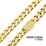 Inox 8mm 18Kt Gold IP Miami Cuban Chain Necklace with CNC Precision Set CZ Double Tab Box Clasp 24"