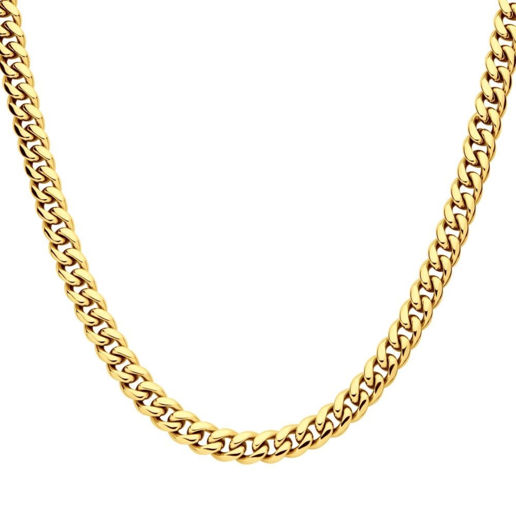 Inox 8mm 18Kt Gold IP Miami Cuban Chain Necklace with CNC Precision Set CZ Double Tab Box Clasp 24"