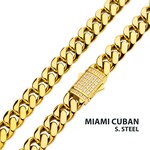 Inox 10mm 18Kt Gold IP Miami Cuban Chain Necklace with CNC Precision Set CZ Double Tab Box Clasp 24"