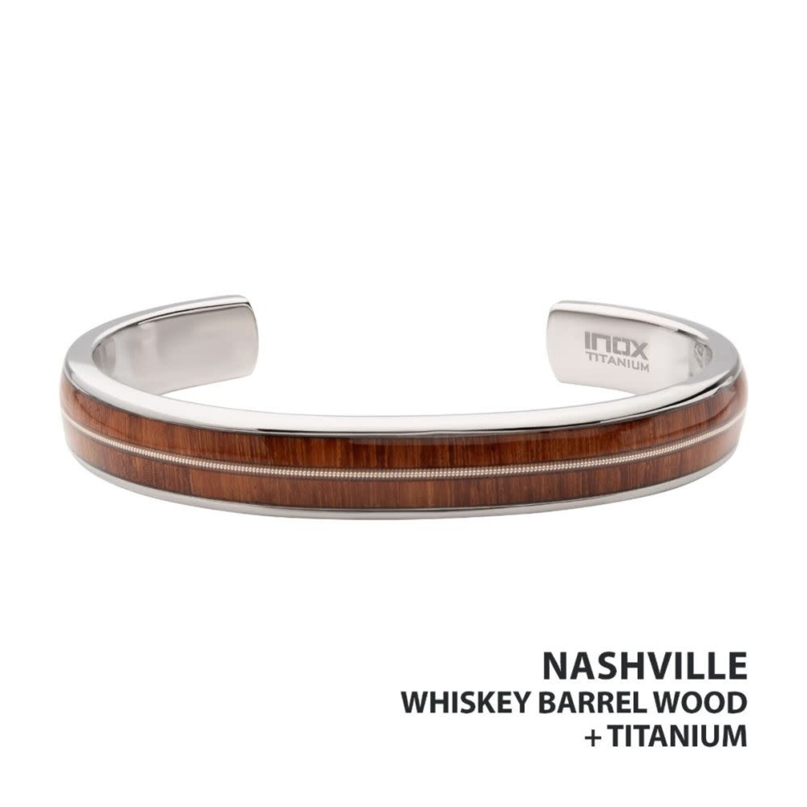 Inox Titanium & Whiskey Barrel Wood Inlay with Embedded Guitar String Cuff Bracelet 8"