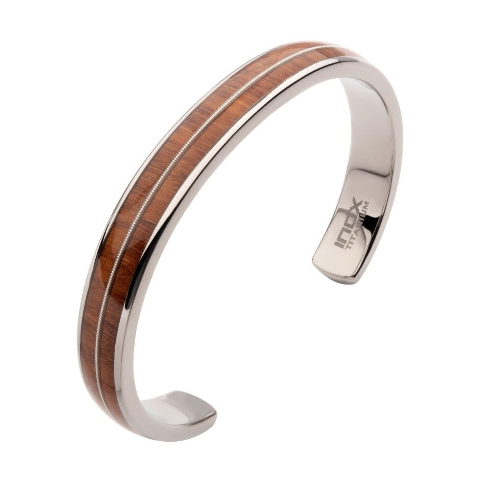 Inox Titanium & Whiskey Barrel Wood Inlay with Embedded Guitar String Cuff Bracelet 8"