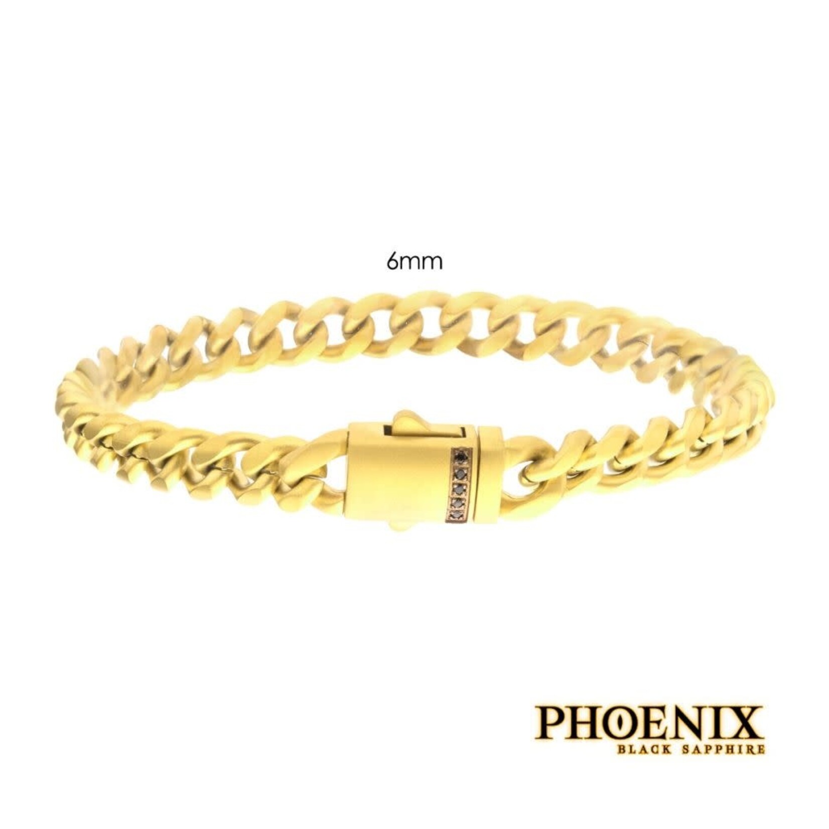 Inox 6mm 18Kt Gold IP Steel Matte Finish Miami Cuban Chain Bracelet with Genuine Black Sapphire 8"