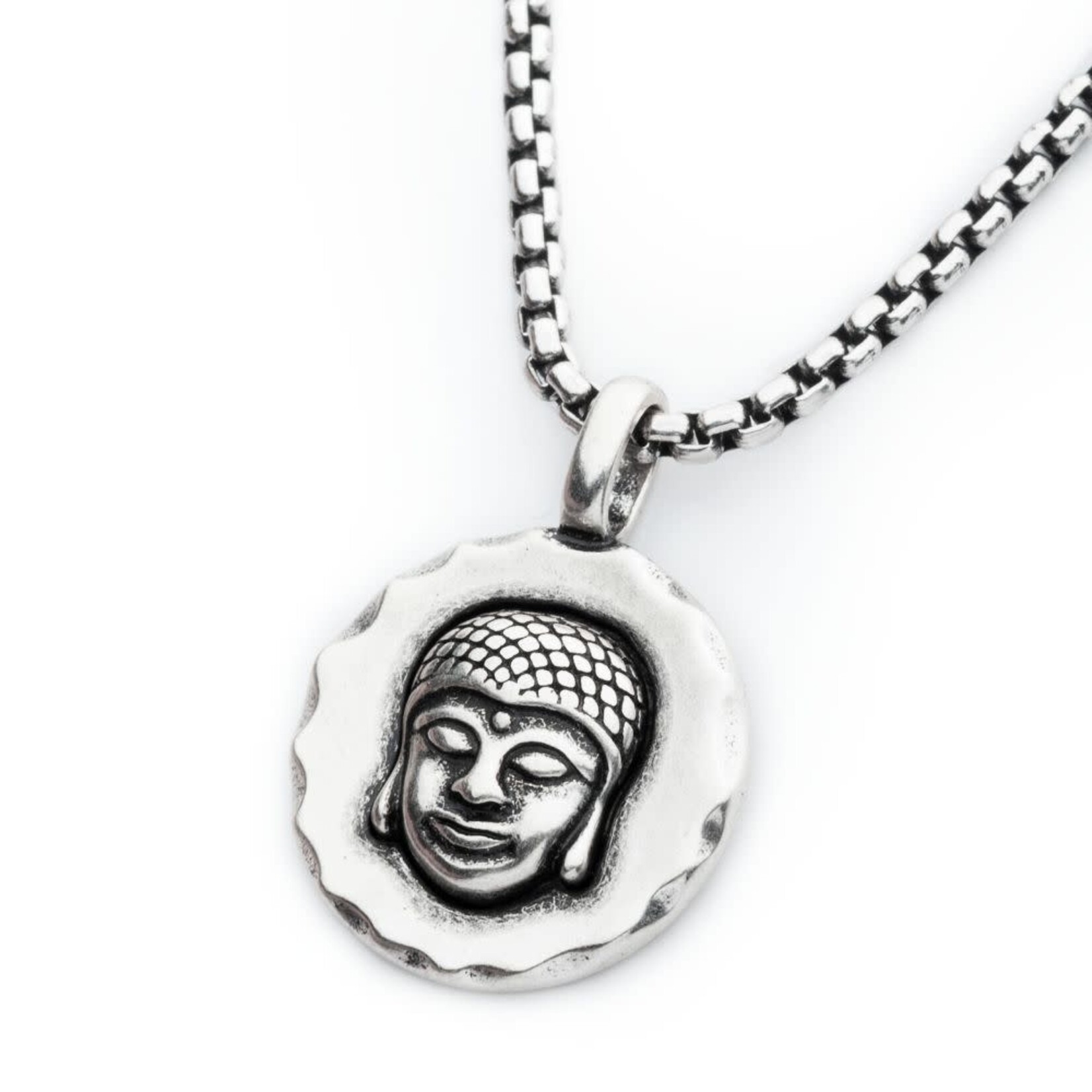 Inox 925 Silver Oxidized Buddha Head Pendant with Box Chain 20-22"