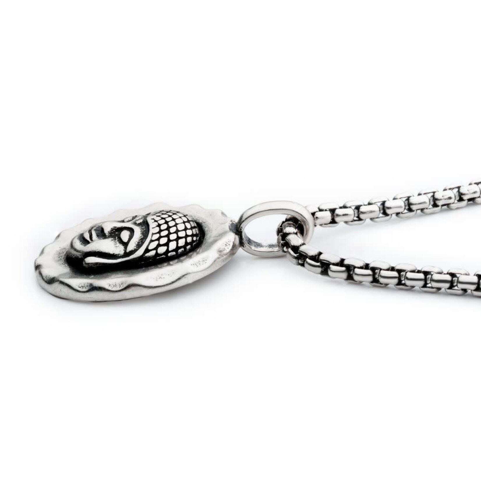 Inox 925 Silver Oxidized Buddha Head Pendant with Box Chain 20-22"