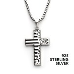 Inox 925 Silver Oxidized Coin Stamped Cross Pendant with Box Chain 20"-22"