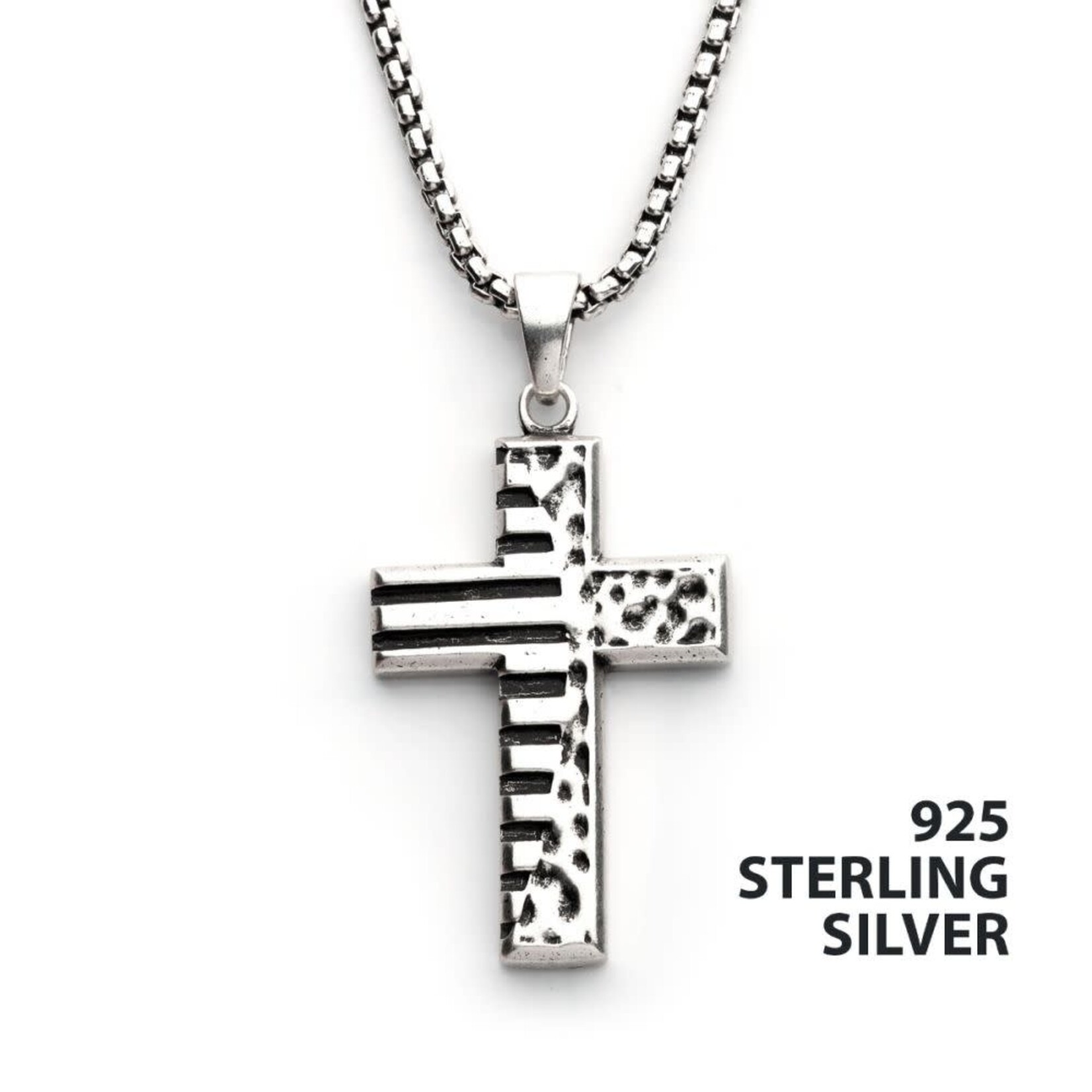 Inox 925 Silver Oxidized Coin Stamped Cross Pendant with Box Chain 20"-22"