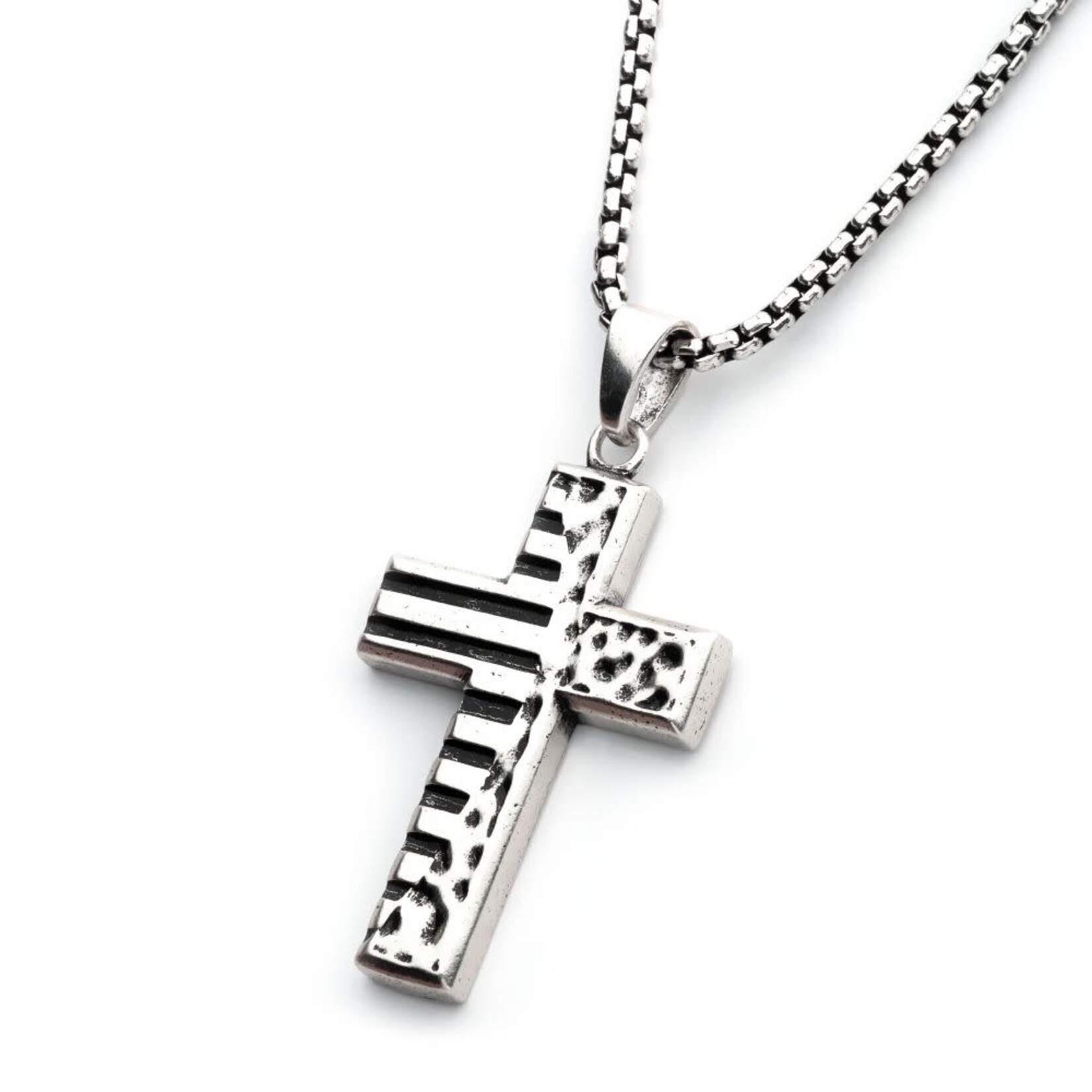 Inox 925 Silver Oxidized Coin Stamped Cross Pendant with Box Chain 20"-22"