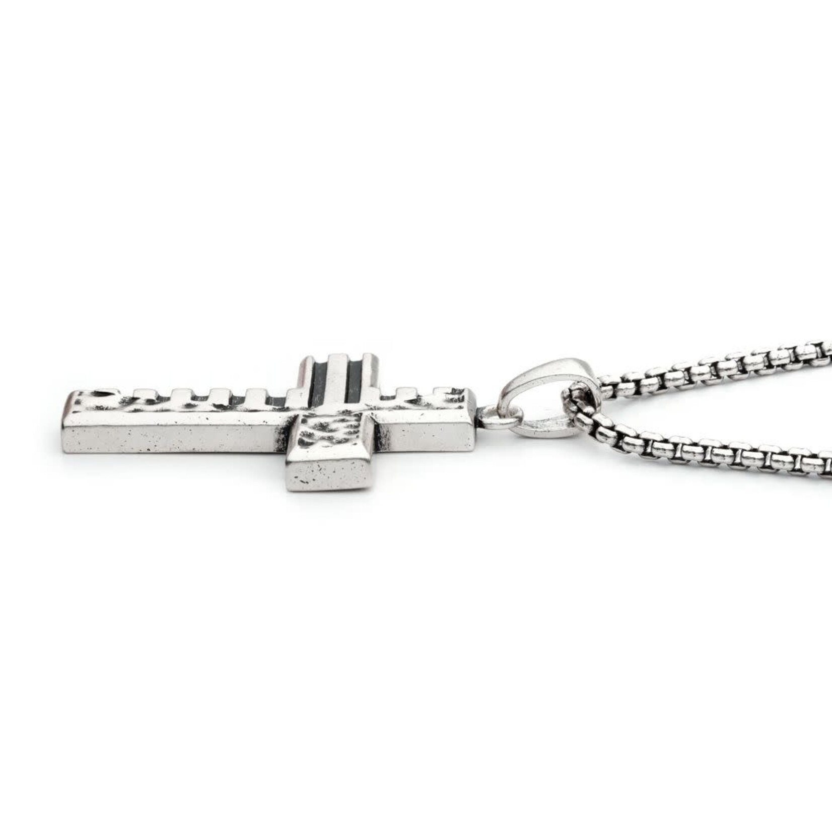 Inox 925 Silver Oxidized Coin Stamped Cross Pendant with Box Chain 20"-22"