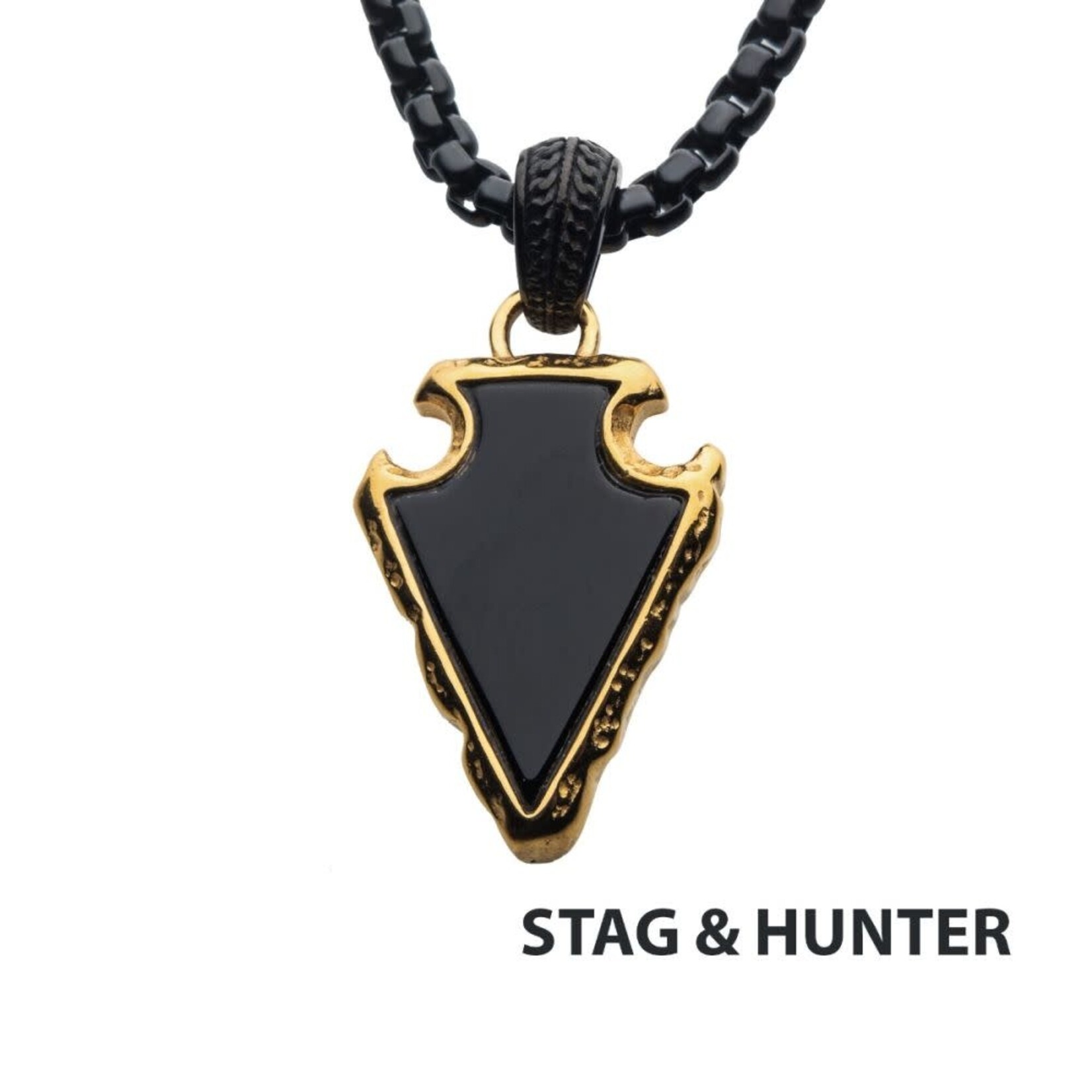 Inox Black Agate Stone with Polished Gold IP Frame Pendant on a Polished Black IP Bail with Polished Black IP Box Chain 24"