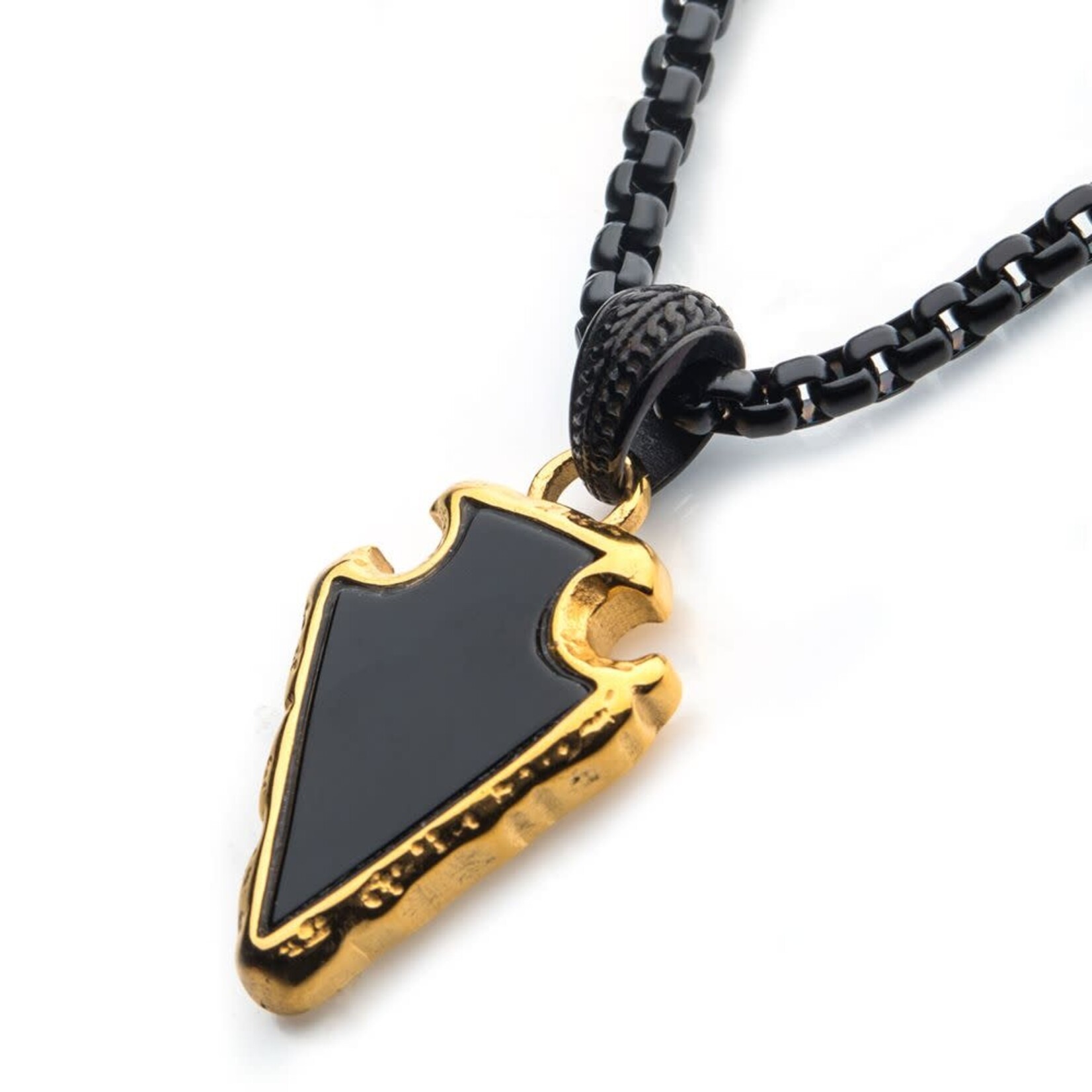Inox Black Agate Stone with Polished Gold IP Frame Pendant on a Polished Black IP Bail with Polished Black IP Box Chain 24"