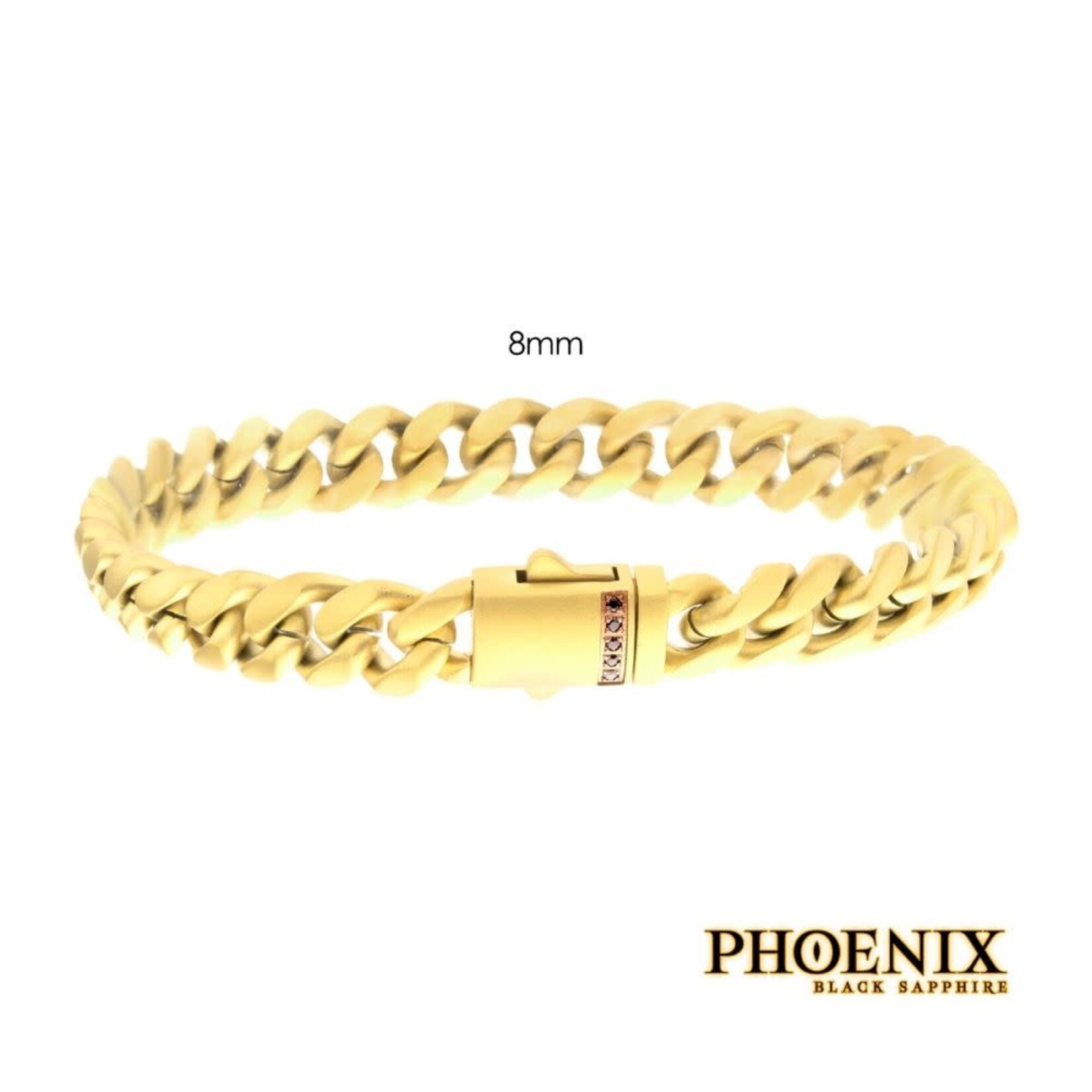 Inox 8mm 18Kt Gold IP Steel Matte Finish Miami Cuban Chain Bracelet with Genuine Black Sapphire 8"
