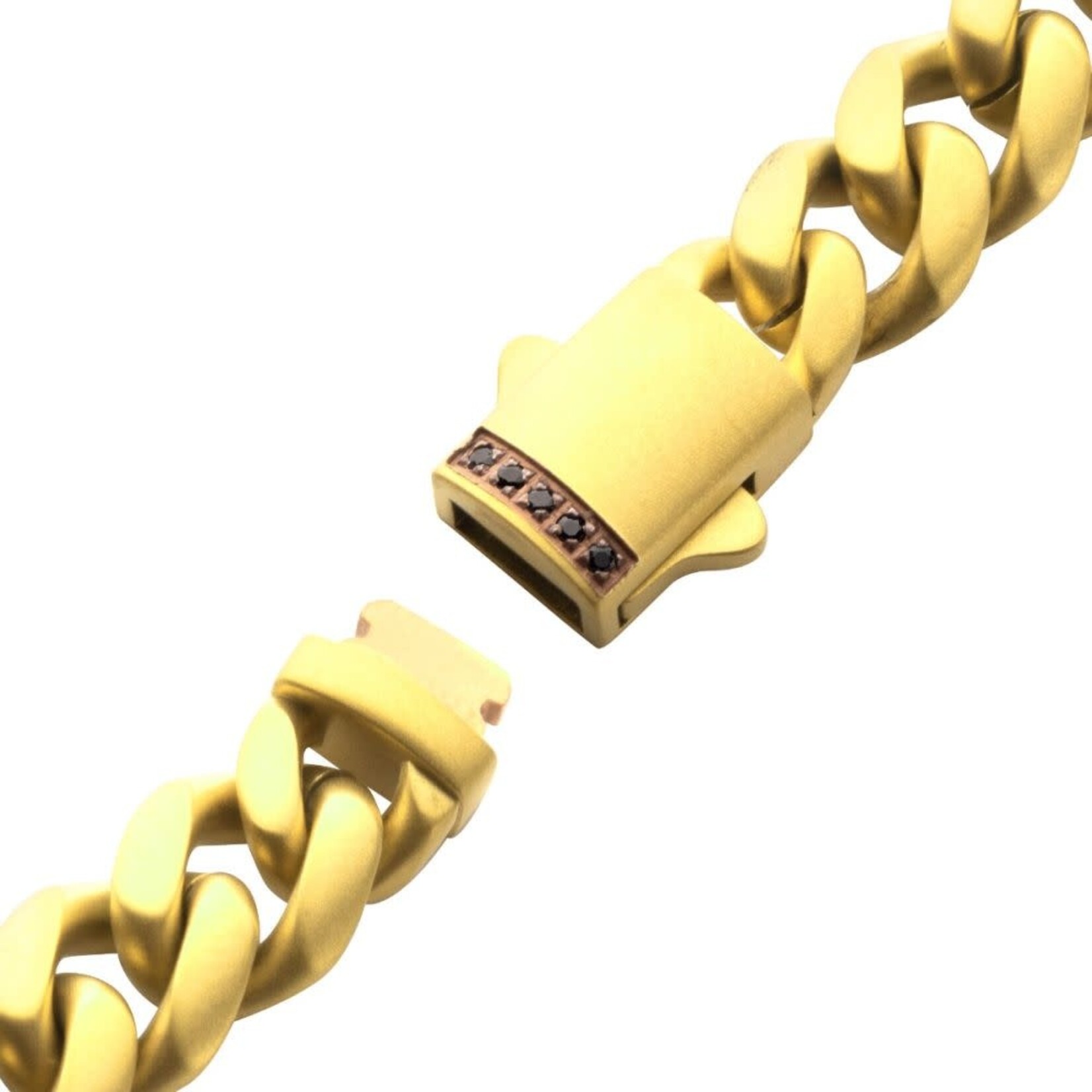 Inox 8mm 18Kt Gold IP Steel Matte Finish Miami Cuban Chain Bracelet with Genuine Black Sapphire 8"