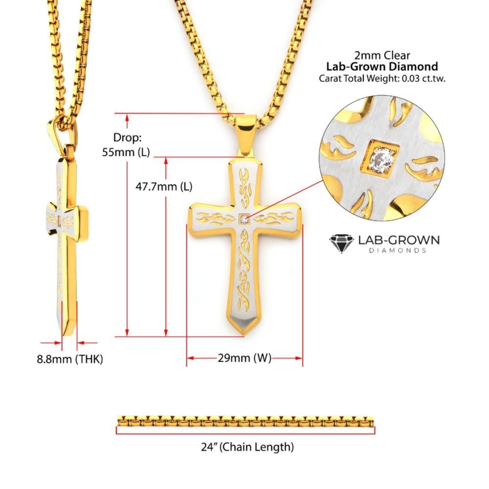 Inox 2mm Gold Tribal Cross Pendant 24"