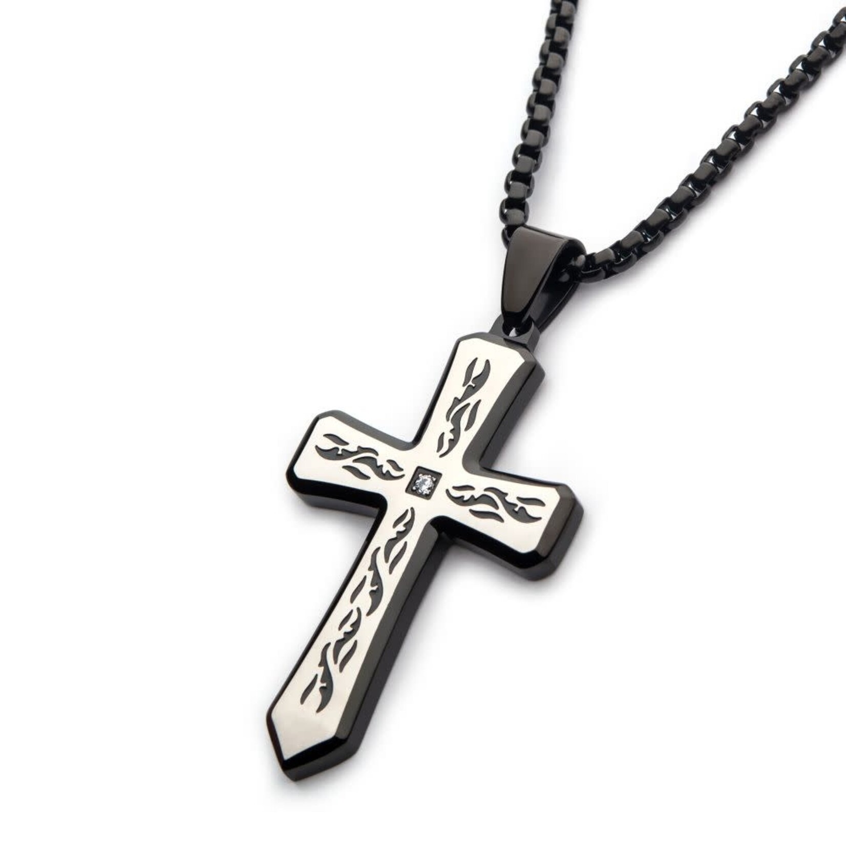 Inox Black IP Tribal Cross Necklace with 2mm Lab-grown Diamond 24"