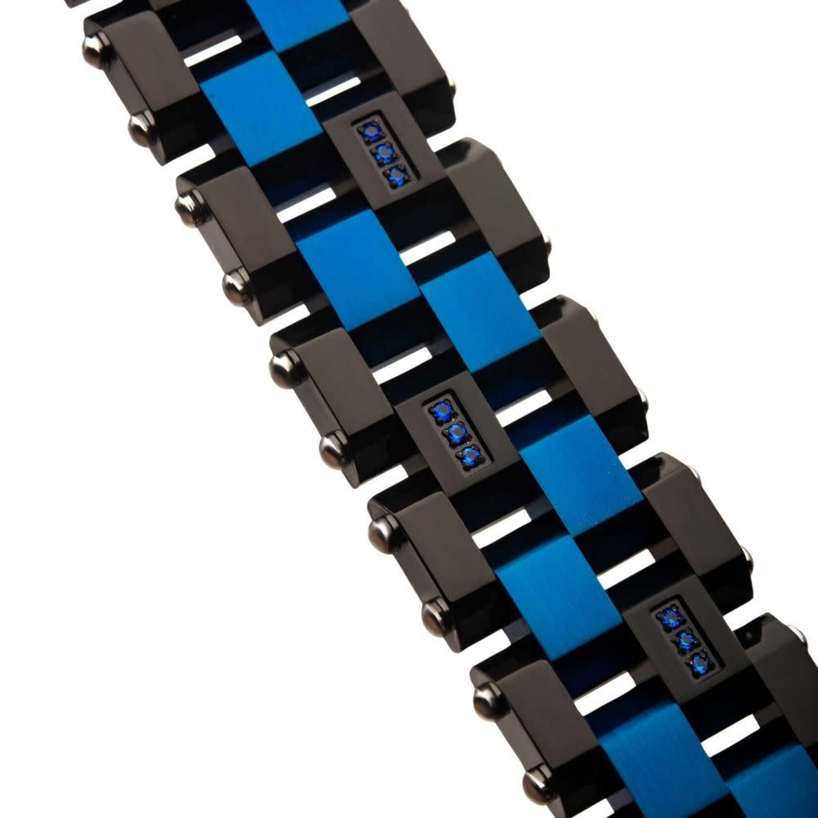 Inox Blue & Black IP with 36pcs CNC Prong Set Blue AAA CZ Link Bracelet 8.25"-8.75"