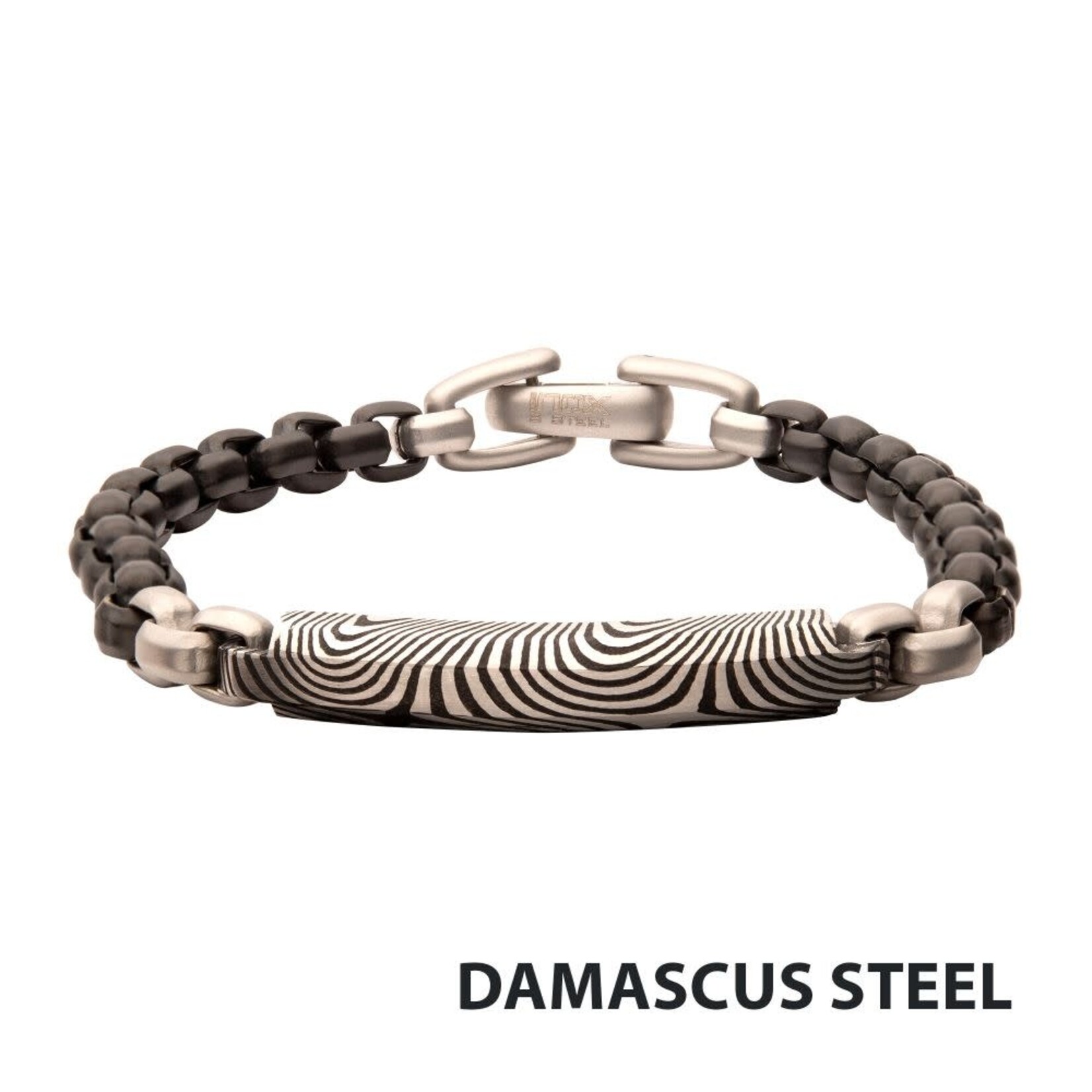Inox Black IP Steel Box Chain Bracelet with Damascus Steel Plate 8"