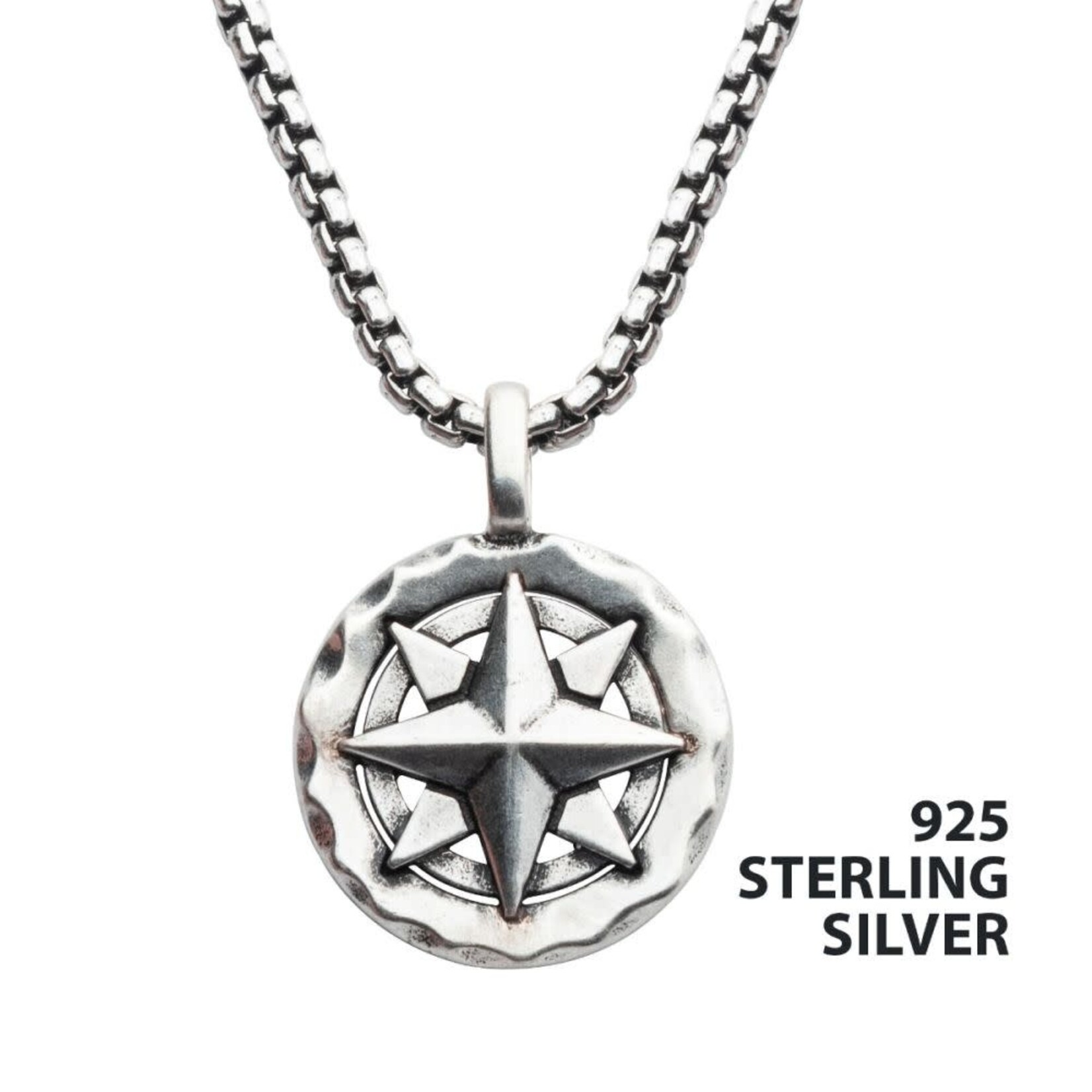 Inox 925 Silver Oxidized Compass Pendant with Box Chain 20"-22"