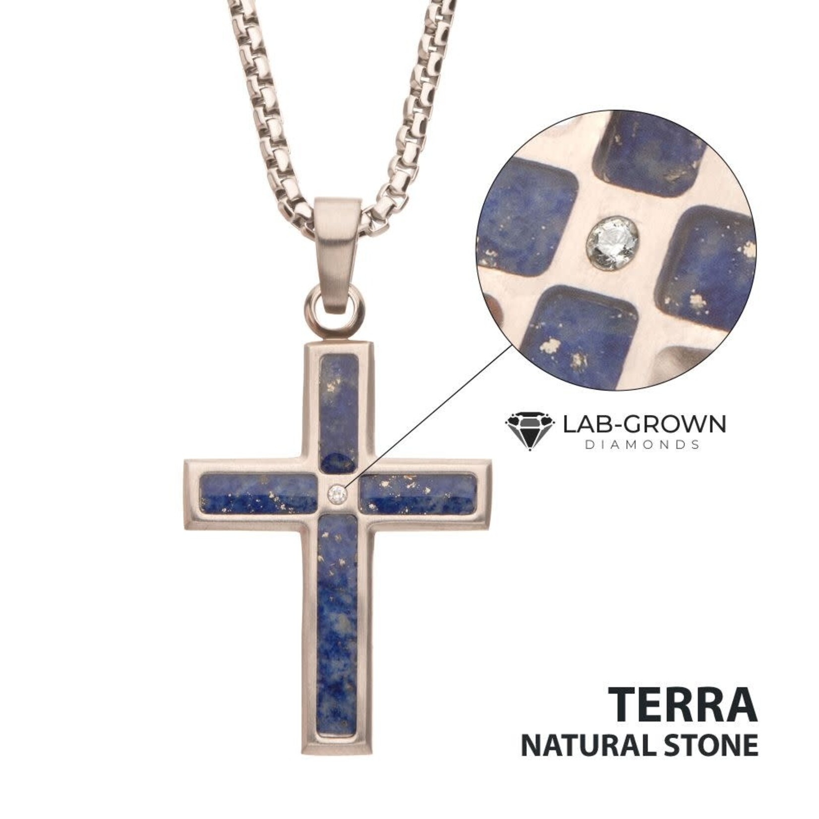 Inox Matte Finish Stainless Steel Lapis Lazuli Stone Inlay with Lab-Grown Diamond Cross Pendant 22"