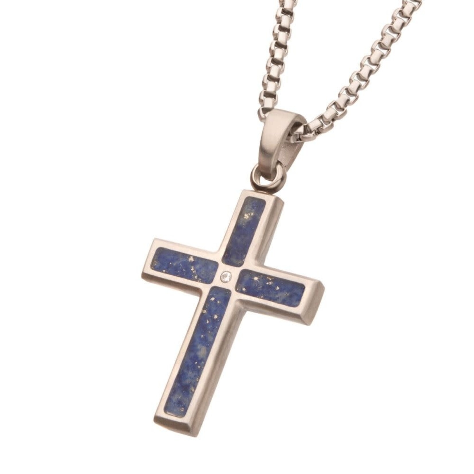 Inox Matte Finish Stainless Steel Lapis Lazuli Stone Inlay with Lab-Grown Diamond Cross Pendant 22"