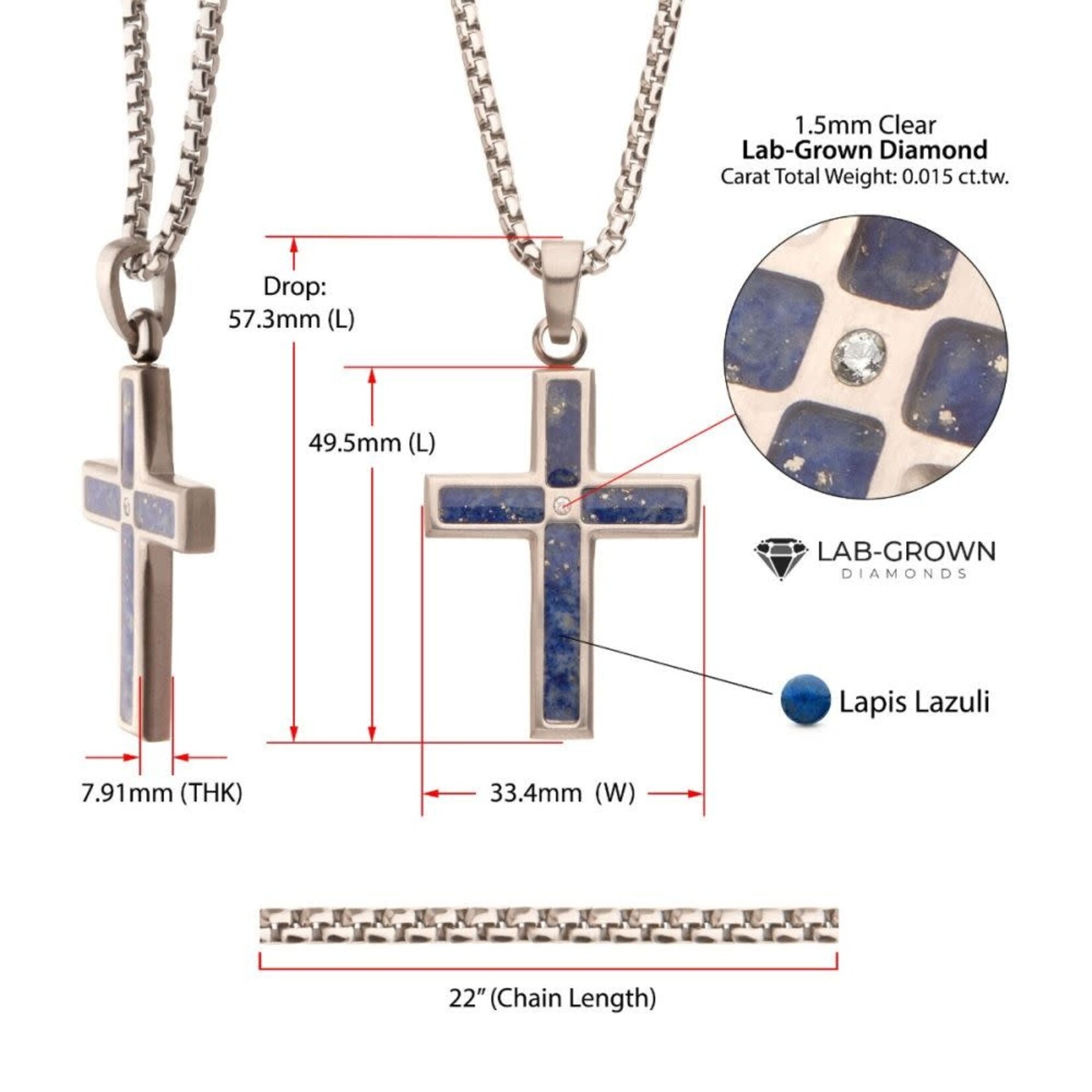 Inox Matte Finish Stainless Steel Lapis Lazuli Stone Inlay with Lab-Grown Diamond Cross Pendant 22"