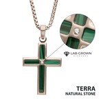 Inox Matte Finish Stainless Steel Malachite Stone Inlay with Lab-Grown Diamond Cross Pendant 22"