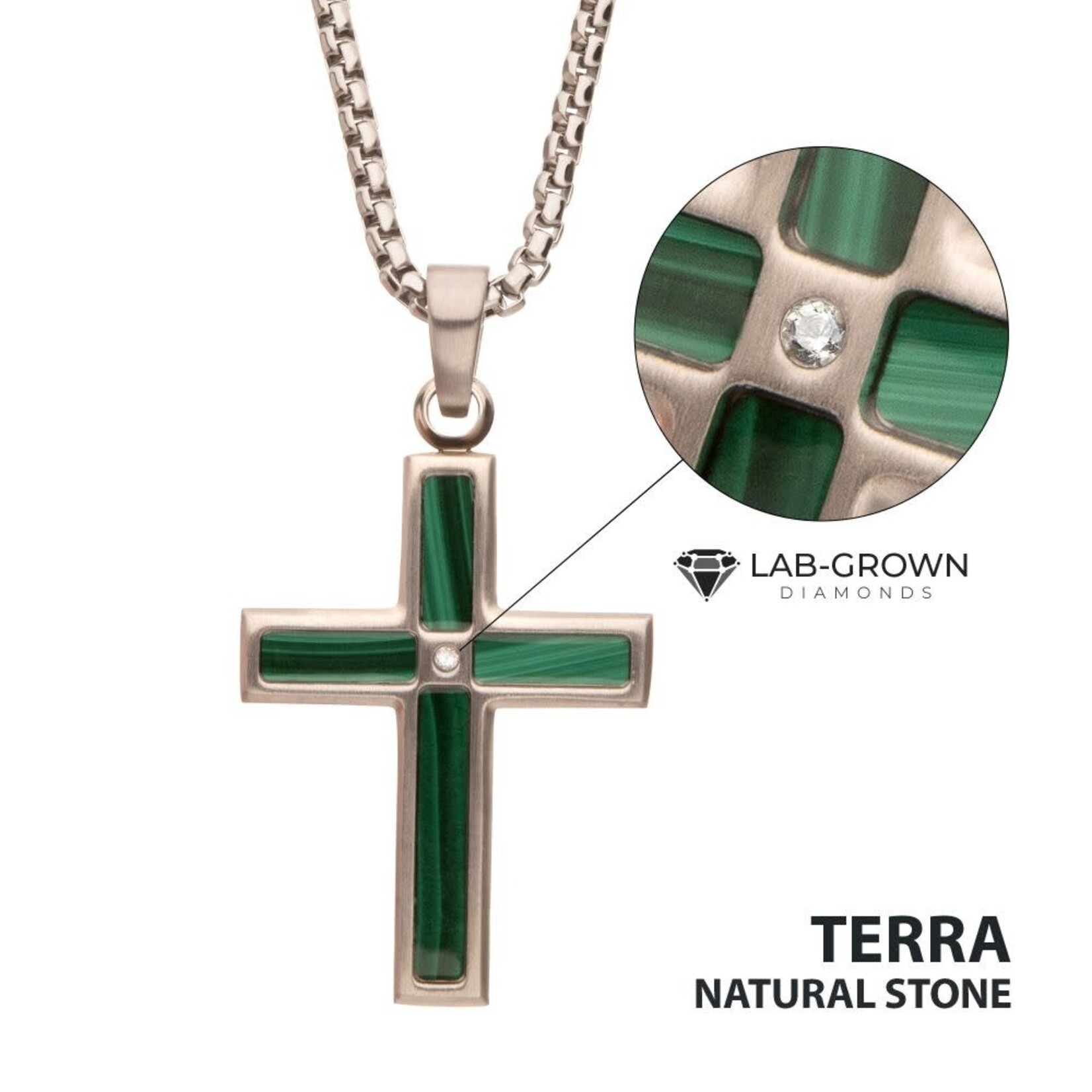 Inox Matte Finish Stainless Steel Malachite Stone Inlay with Lab-Grown Diamond Cross Pendant 22"