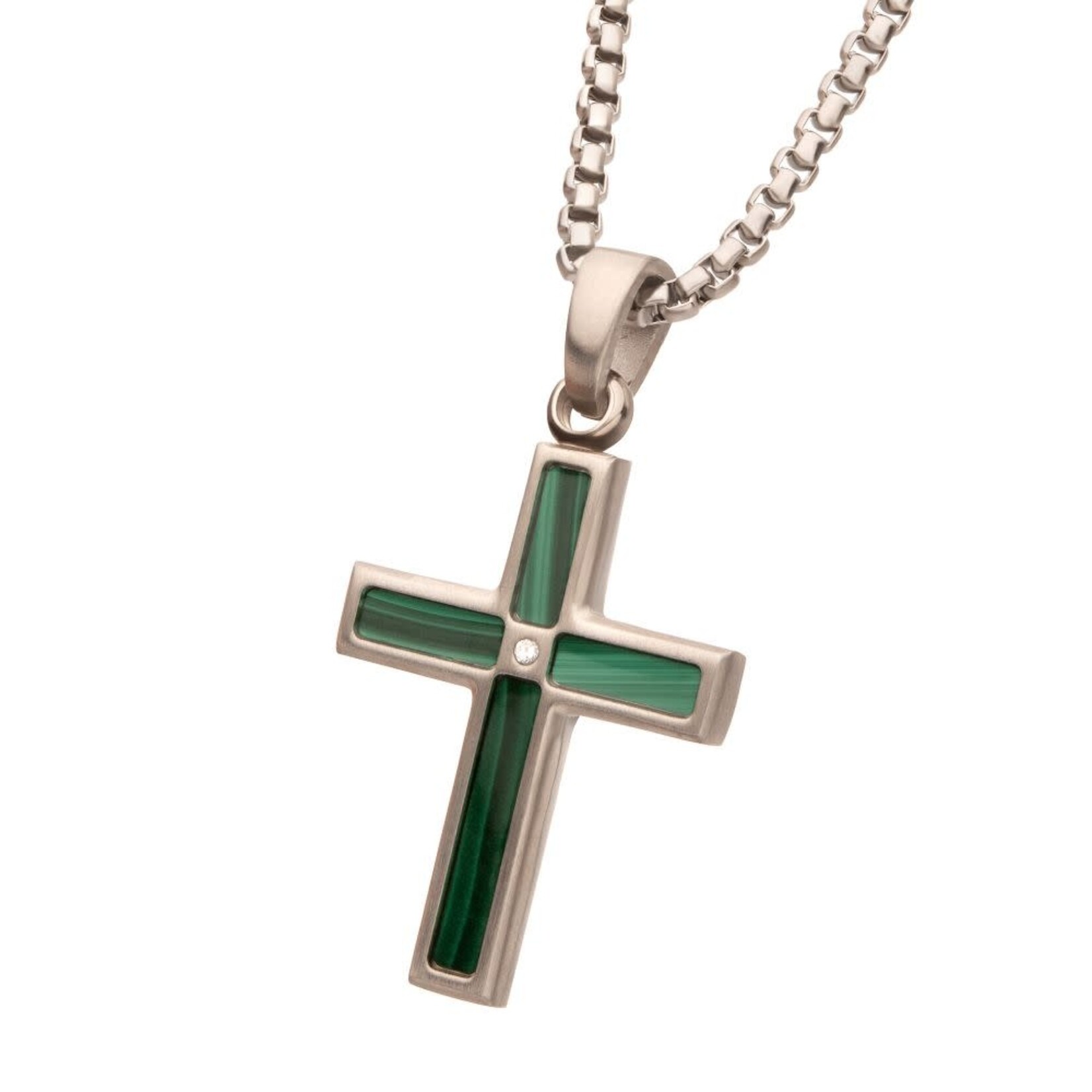 Inox Matte Finish Stainless Steel Malachite Stone Inlay with Lab-Grown Diamond Cross Pendant 22"
