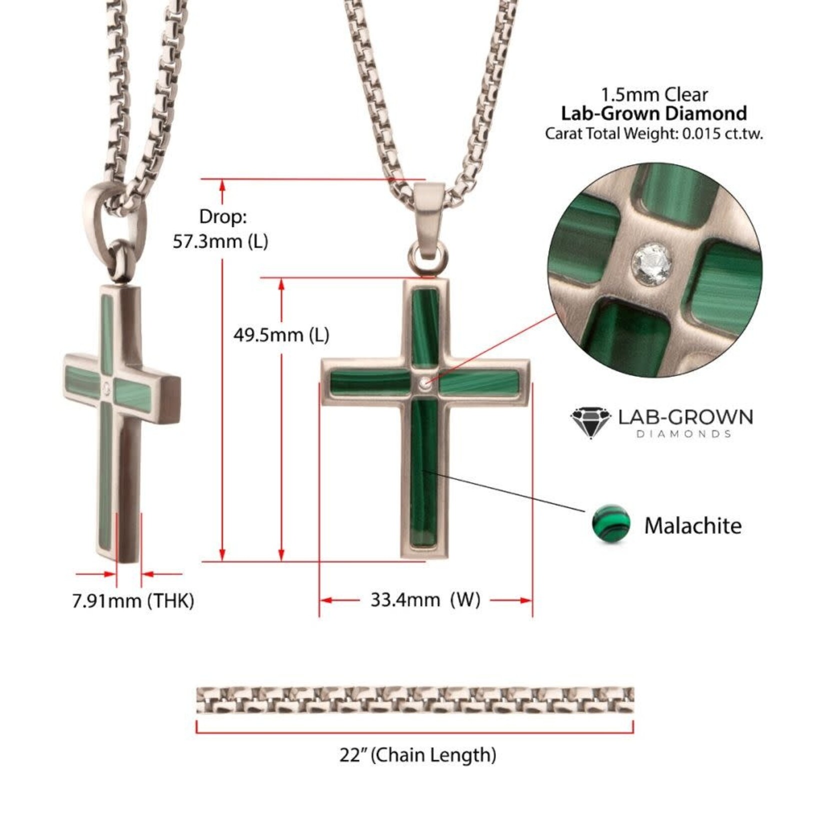 Inox Matte Finish Stainless Steel Malachite Stone Inlay with Lab-Grown Diamond Cross Pendant 22"