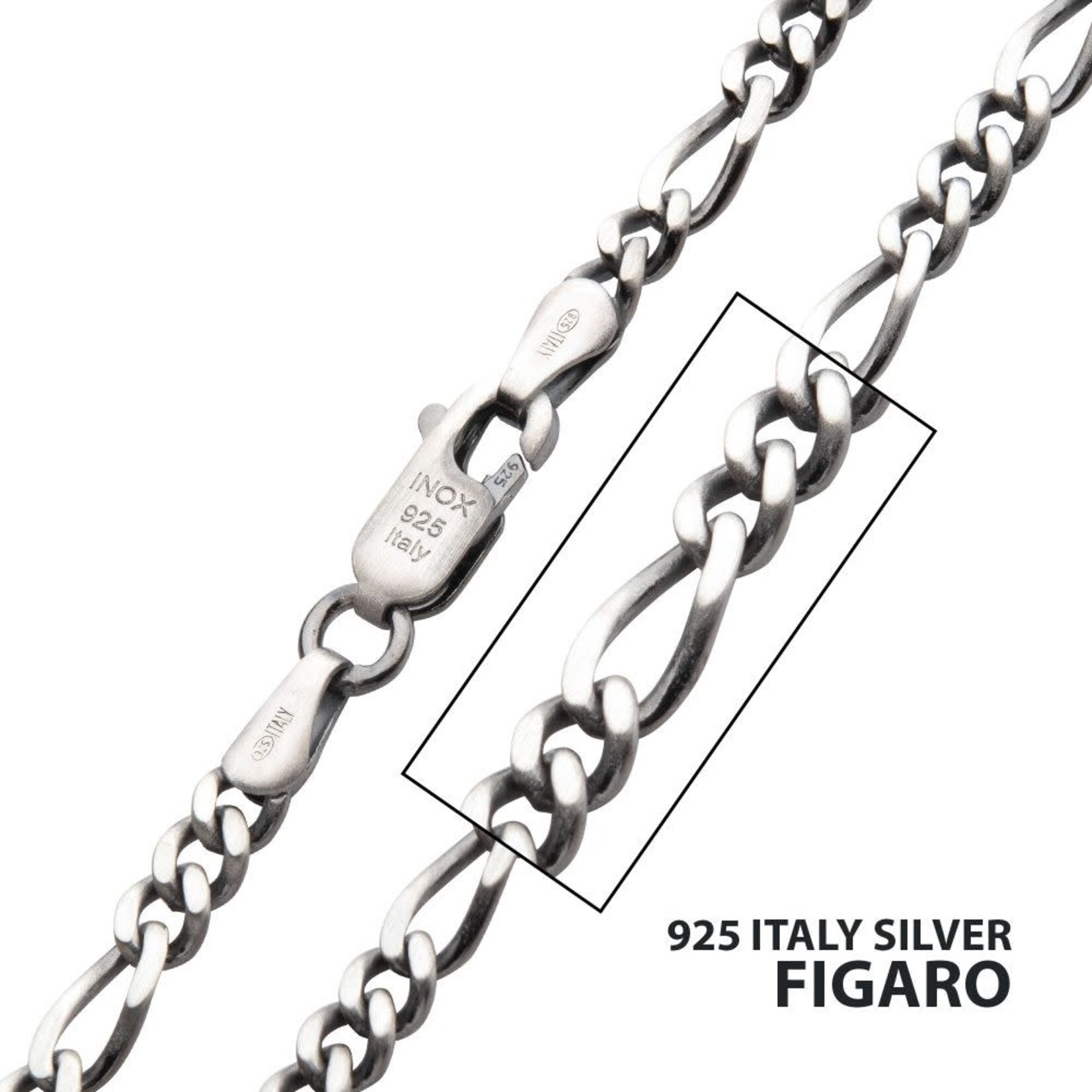 Inox 3.6mm 925 Italy Silver Black Rhodium Plated Brushed Satin Finish Figaro Chain Necklace 22"