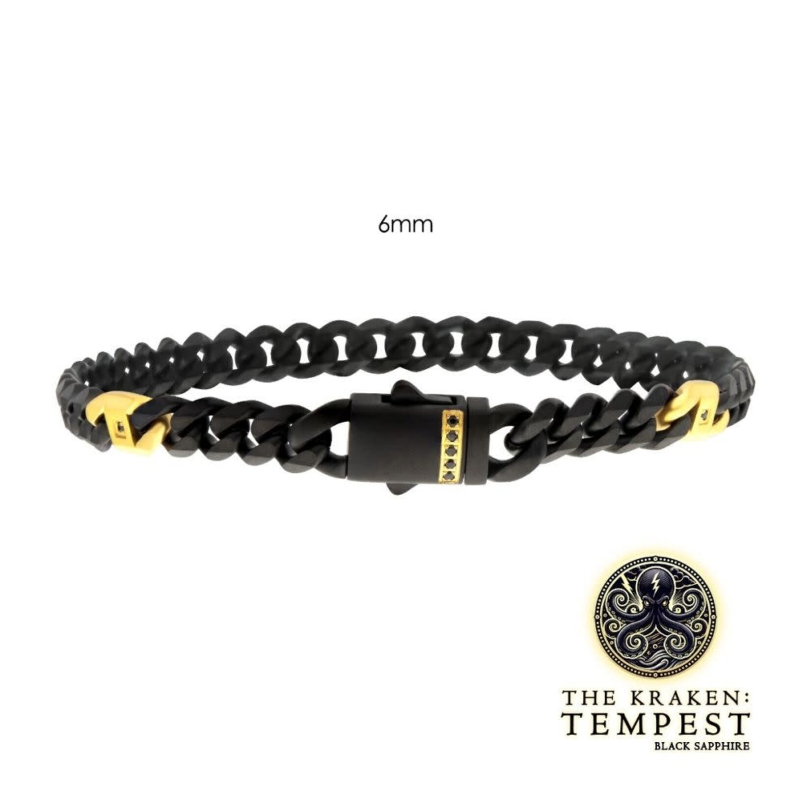 Inox 6mm Black IP Steel Matte Finish Miami Cuban Chain Bracelet with Genuine Black Sapphire Gem 8"