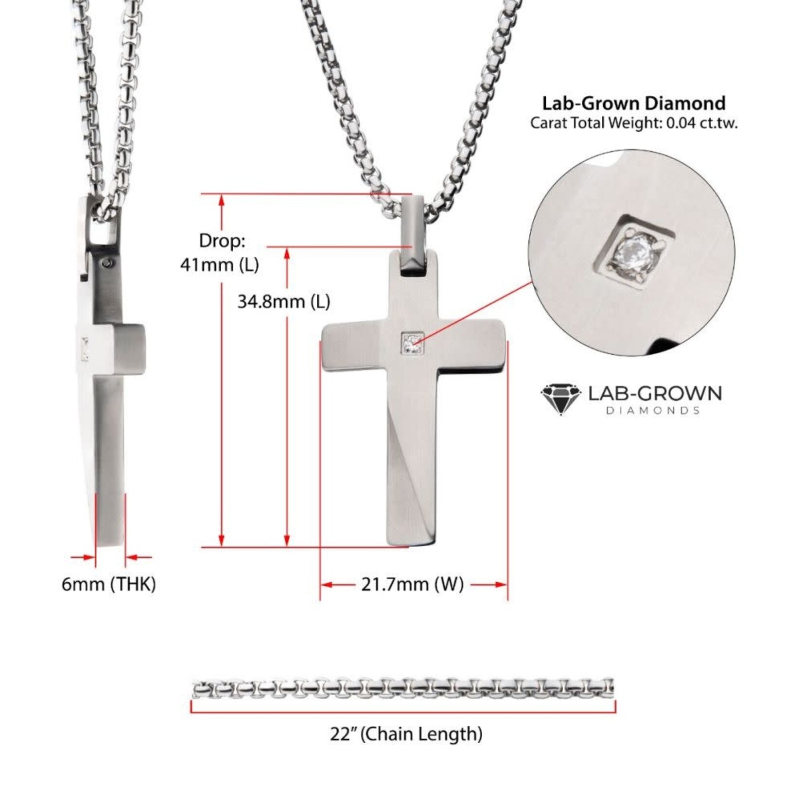 Inox Stainless Steel Lab-Grown Diamond Matte Finish Beveled Cross Pendant 22"