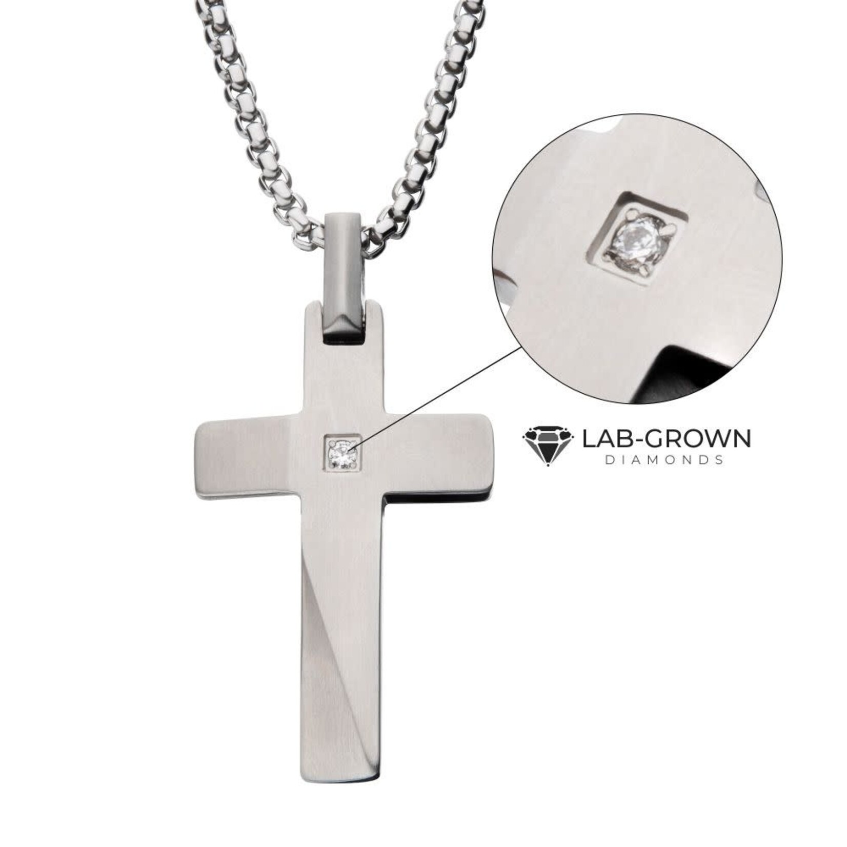 Inox Stainless Steel Lab-Grown Diamond Matte Finish Beveled Cross Pendant 22"