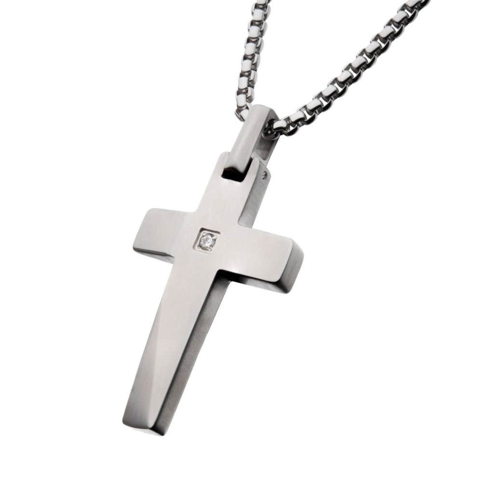 Inox Stainless Steel Lab-Grown Diamond Matte Finish Beveled Cross Pendant 22"