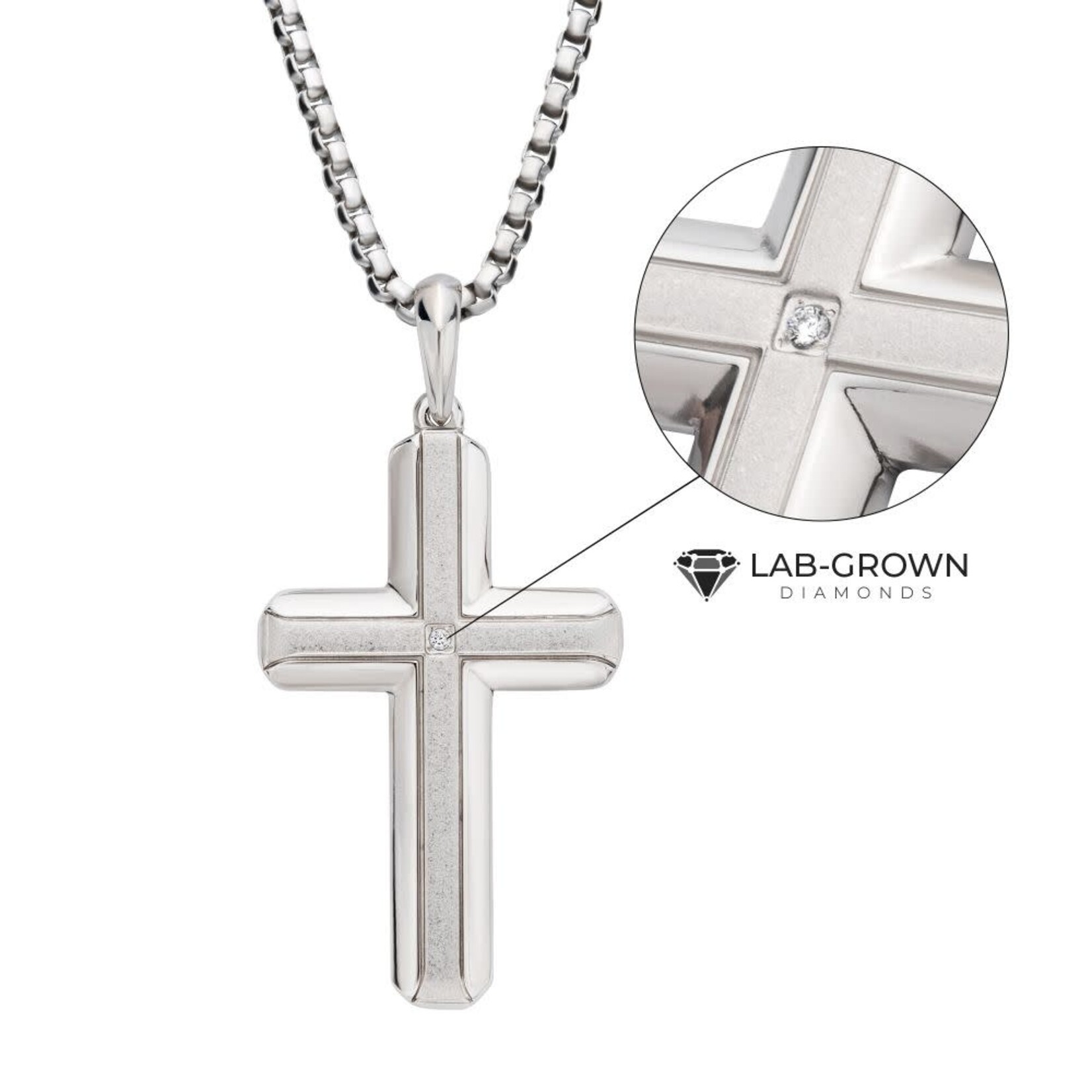Inox Stainless Steel Lab-Grown Diamond Brushed Finish Cross Pendant 24"