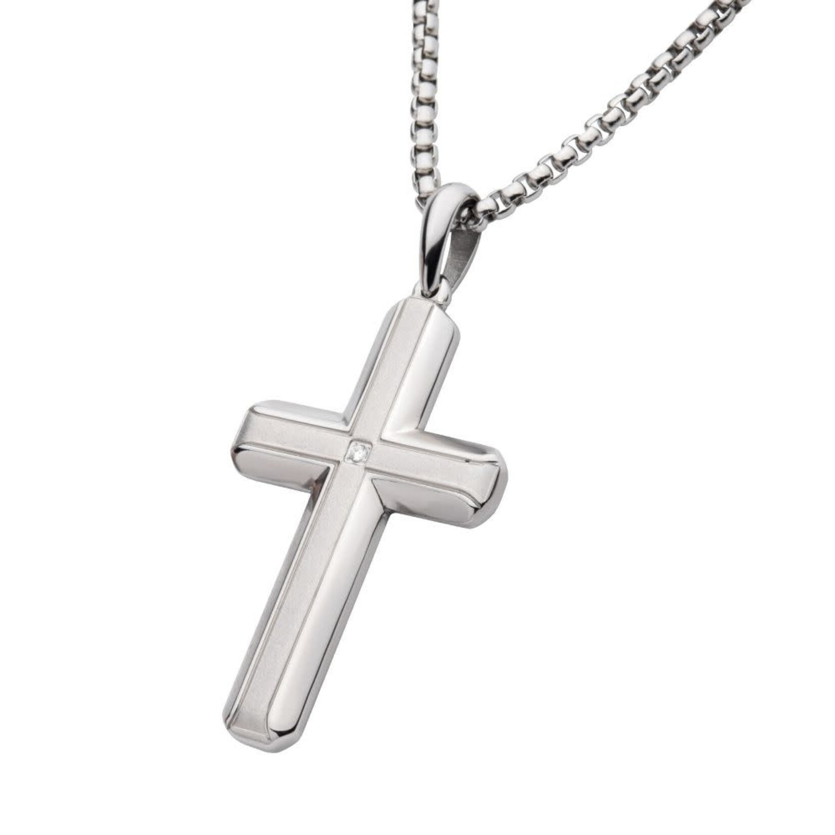 Inox Stainless Steel Lab-Grown Diamond Brushed Finish Cross Pendant 24"