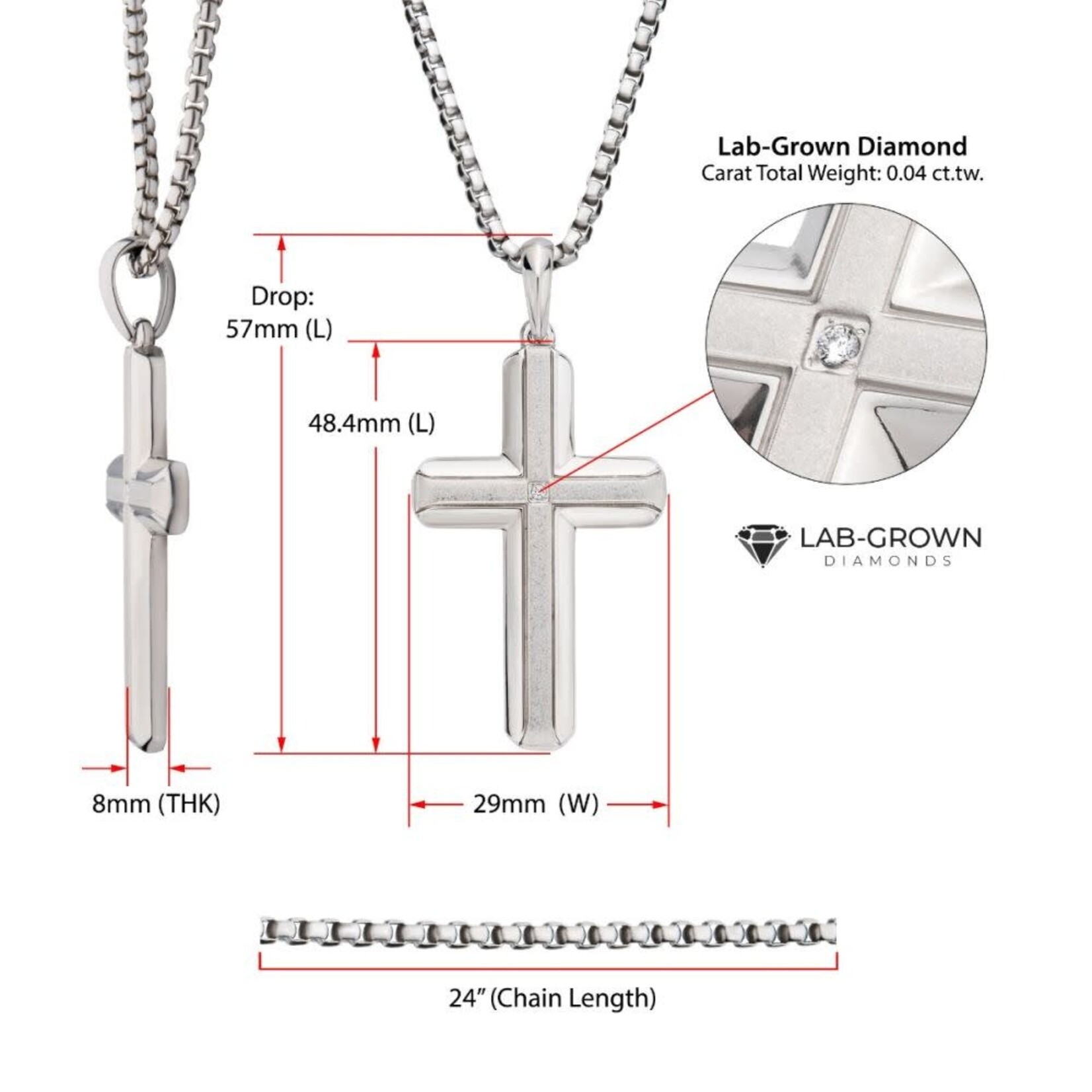 Inox Stainless Steel Lab-Grown Diamond Brushed Finish Cross Pendant 24"