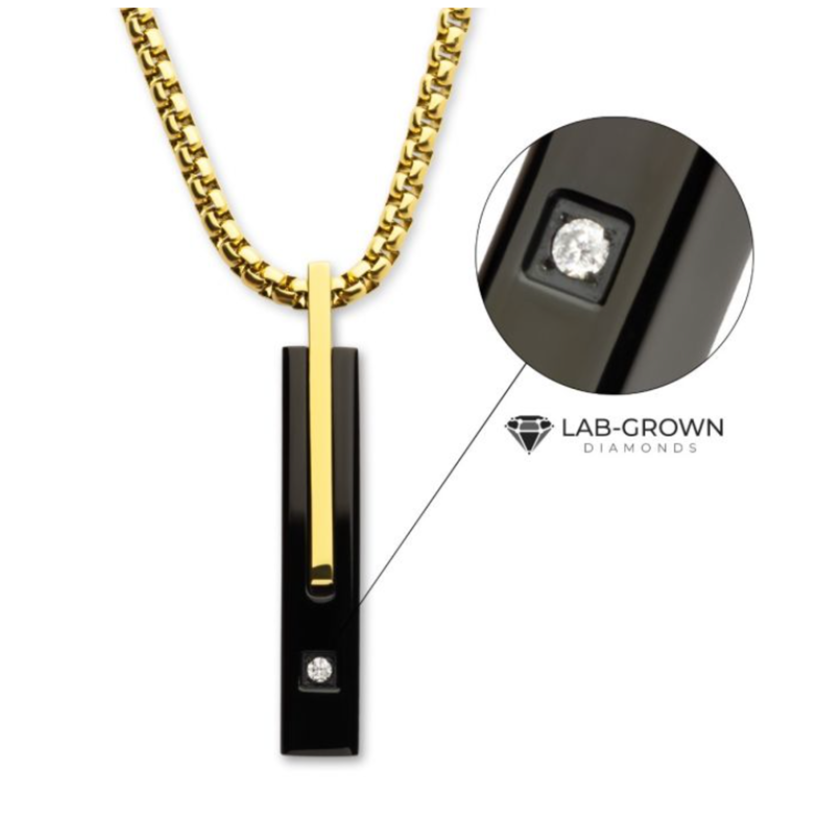 Inox 18Kt Gold IP Stainless Steel Two Tone Black IP Lab-Grown Diamond Drop Necklace 24"