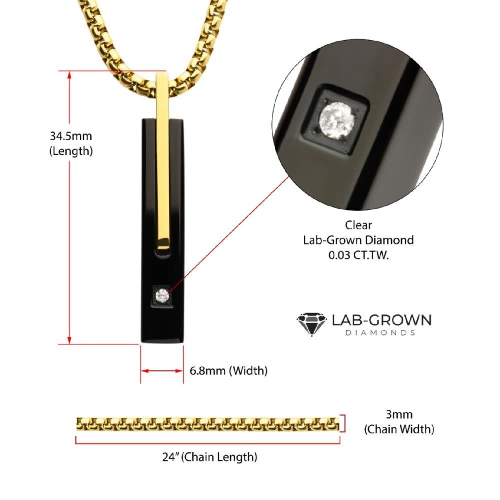 Inox 18Kt Gold IP Stainless Steel Two Tone Black IP Lab-Grown Diamond Drop Necklace 24"