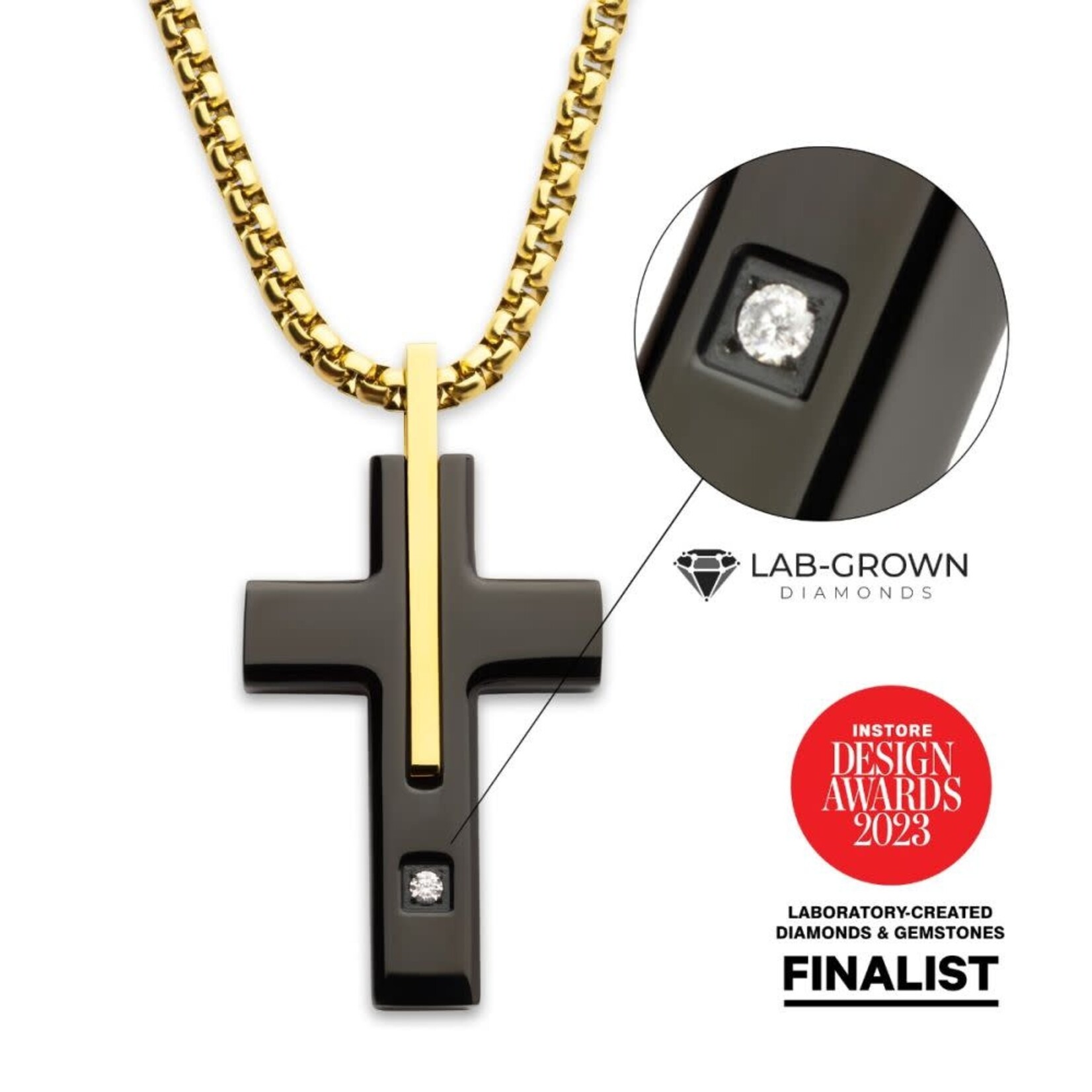 Inox 18Kt Gold IP Stainless Steel Two Tone Black IP Lab-Grown Diamond Cross Necklace 24"