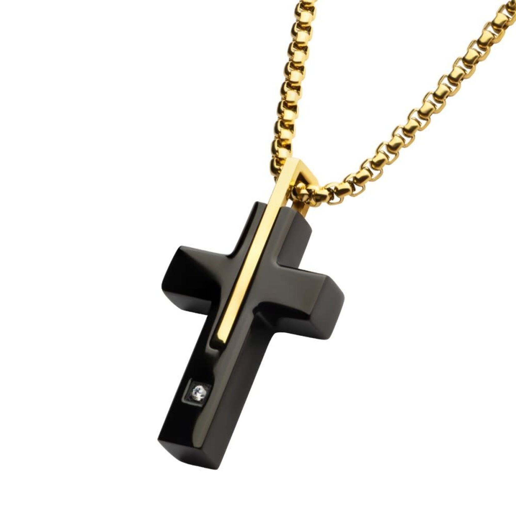 Inox 18Kt Gold IP Stainless Steel Two Tone Black IP Lab-Grown Diamond Cross Necklace 24"