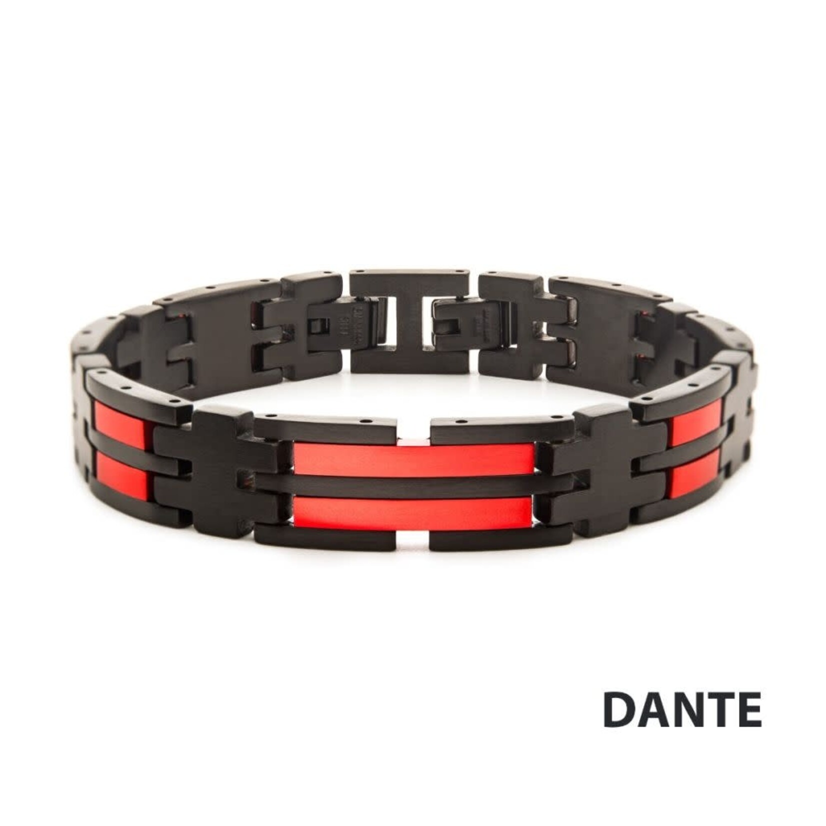 Inox Stainless Steel Matte Black & Red IP Dante Link Bracelet 7.75"-8.25"