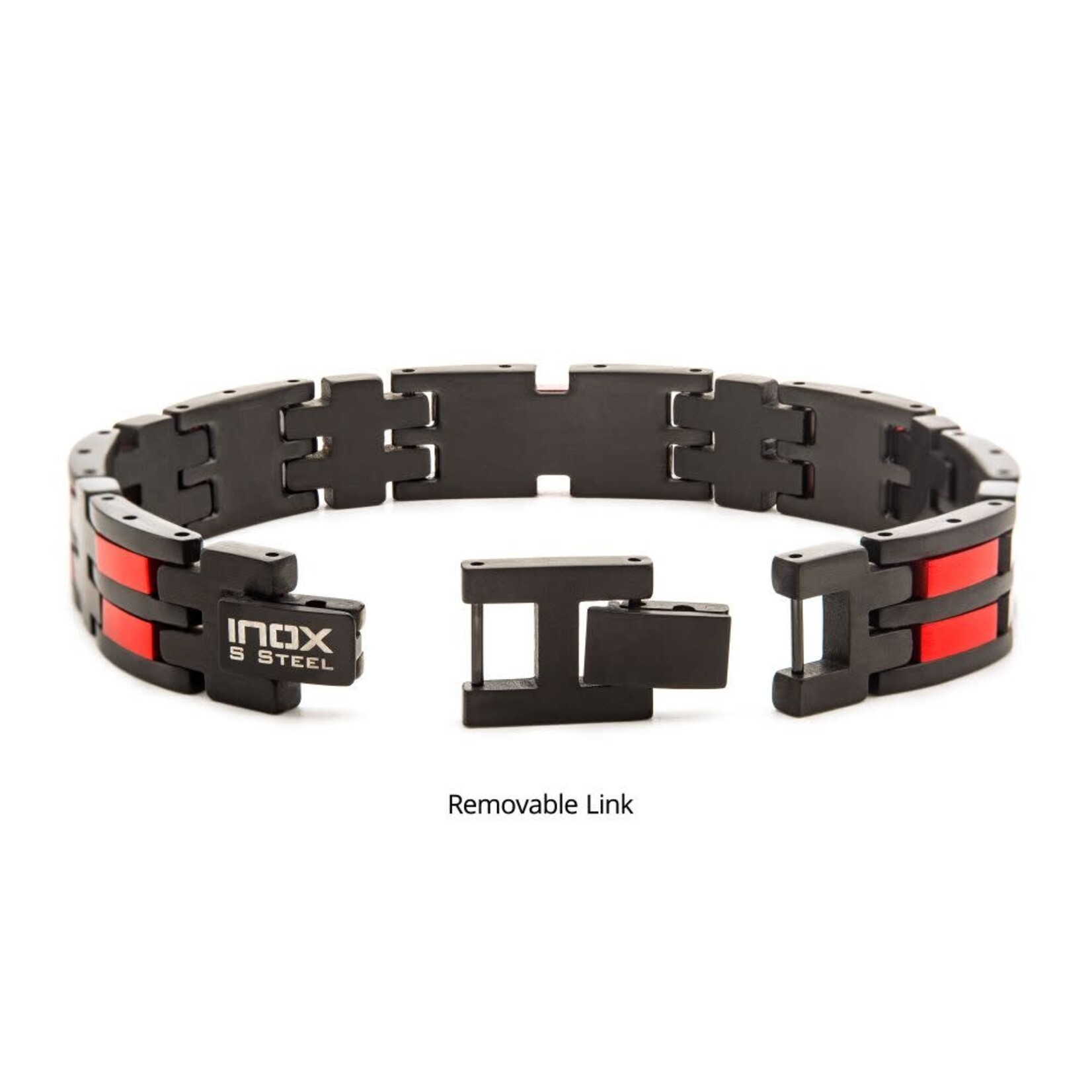 Inox Stainless Steel Matte Black & Red IP Dante Link Bracelet 7.75"-8.25"