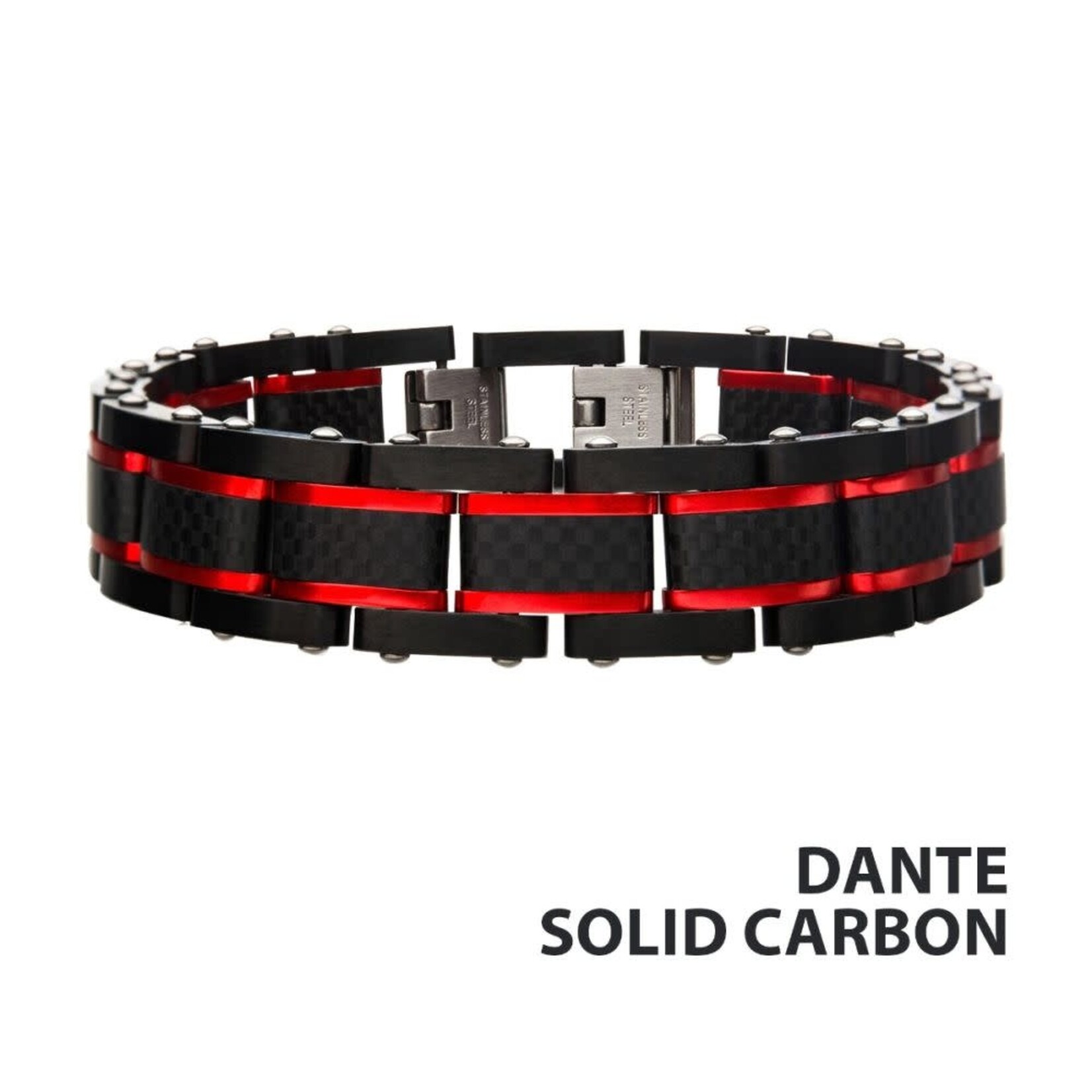 Inox Dante - Black & Red Steel Matte  Carbon Fiber & Link Sizeable Bracelet 7.75"-8.25"