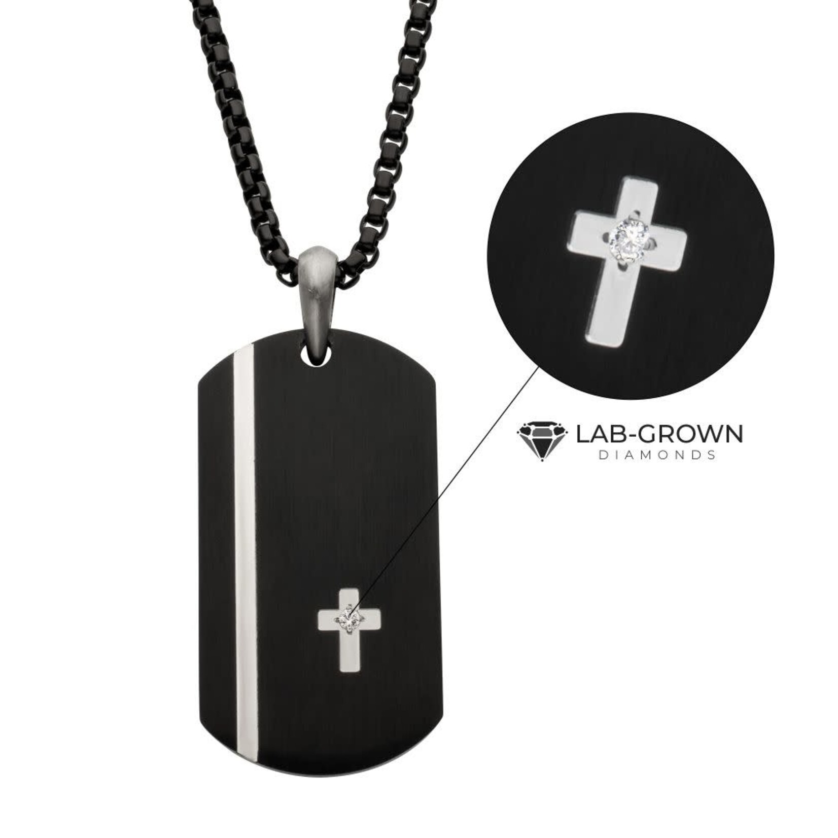 Inox Black IP Steel Dog Tag Pendant with Solitaire Accented Clear Lab-Grown Diamond Cross Inlay 24"