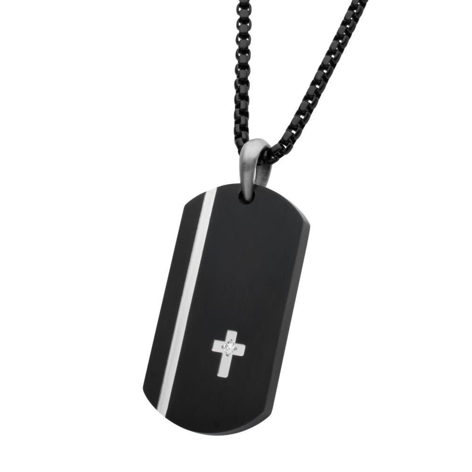 Inox Black IP Steel Dog Tag Pendant with Solitaire Accented Clear Lab-Grown Diamond Cross Inlay 24"
