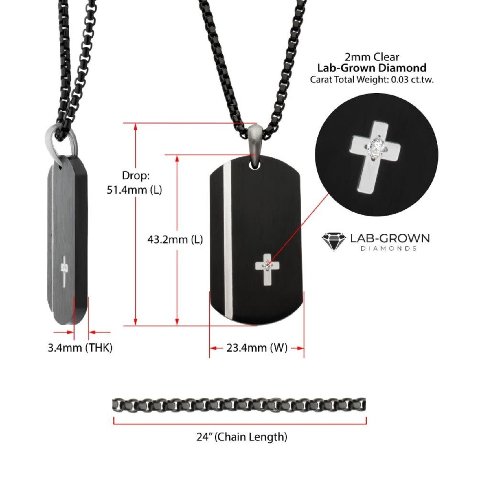 Inox Black IP Steel Dog Tag Pendant with Solitaire Accented Clear Lab-Grown Diamond Cross Inlay 24"