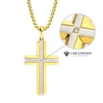 Inox 18Kt Gold IP Steel Lab-Grown Diamond Brushed Finish Cross Pendant 24"