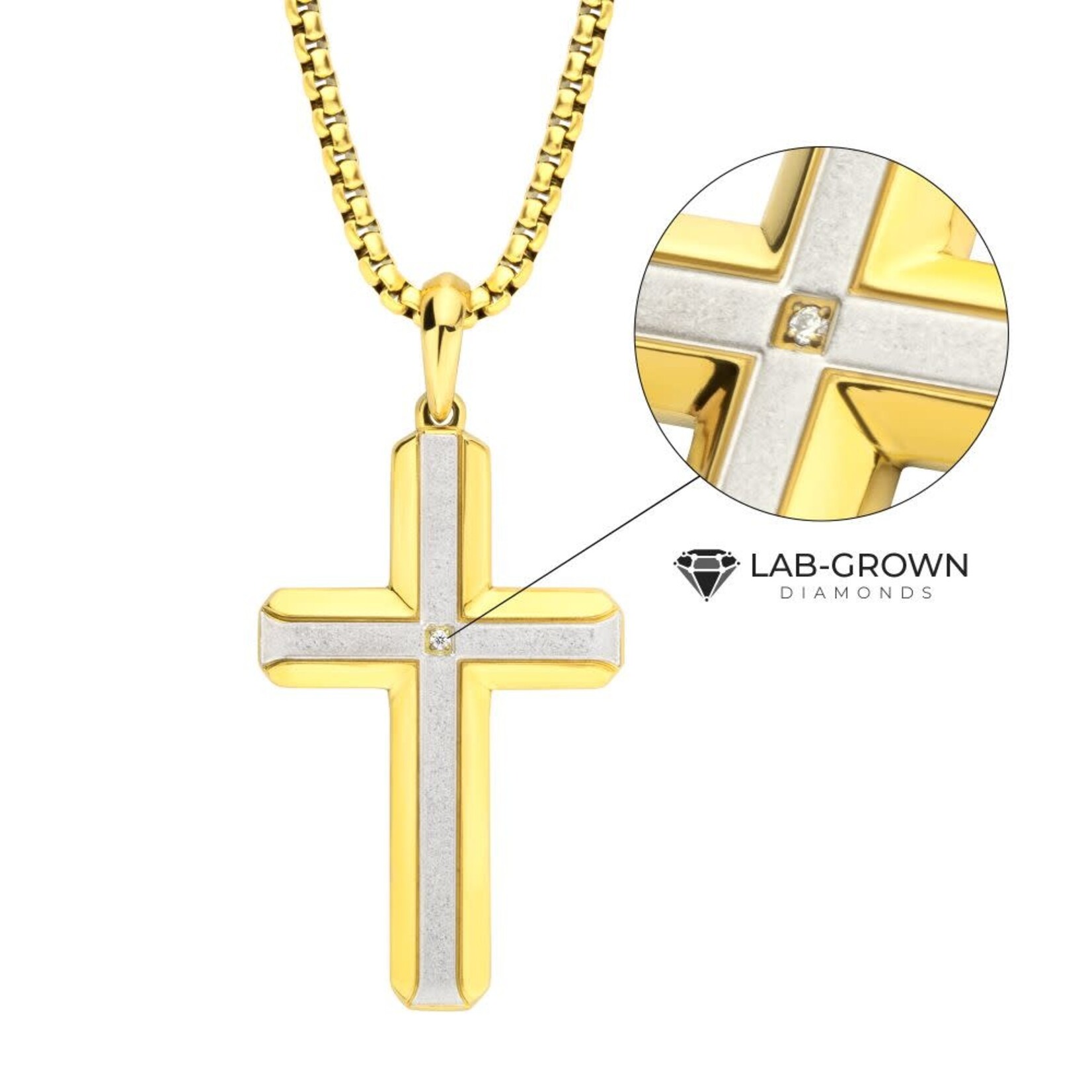 Inox 18Kt Gold IP Steel Lab-Grown Diamond Brushed Finish Cross Pendant 24"