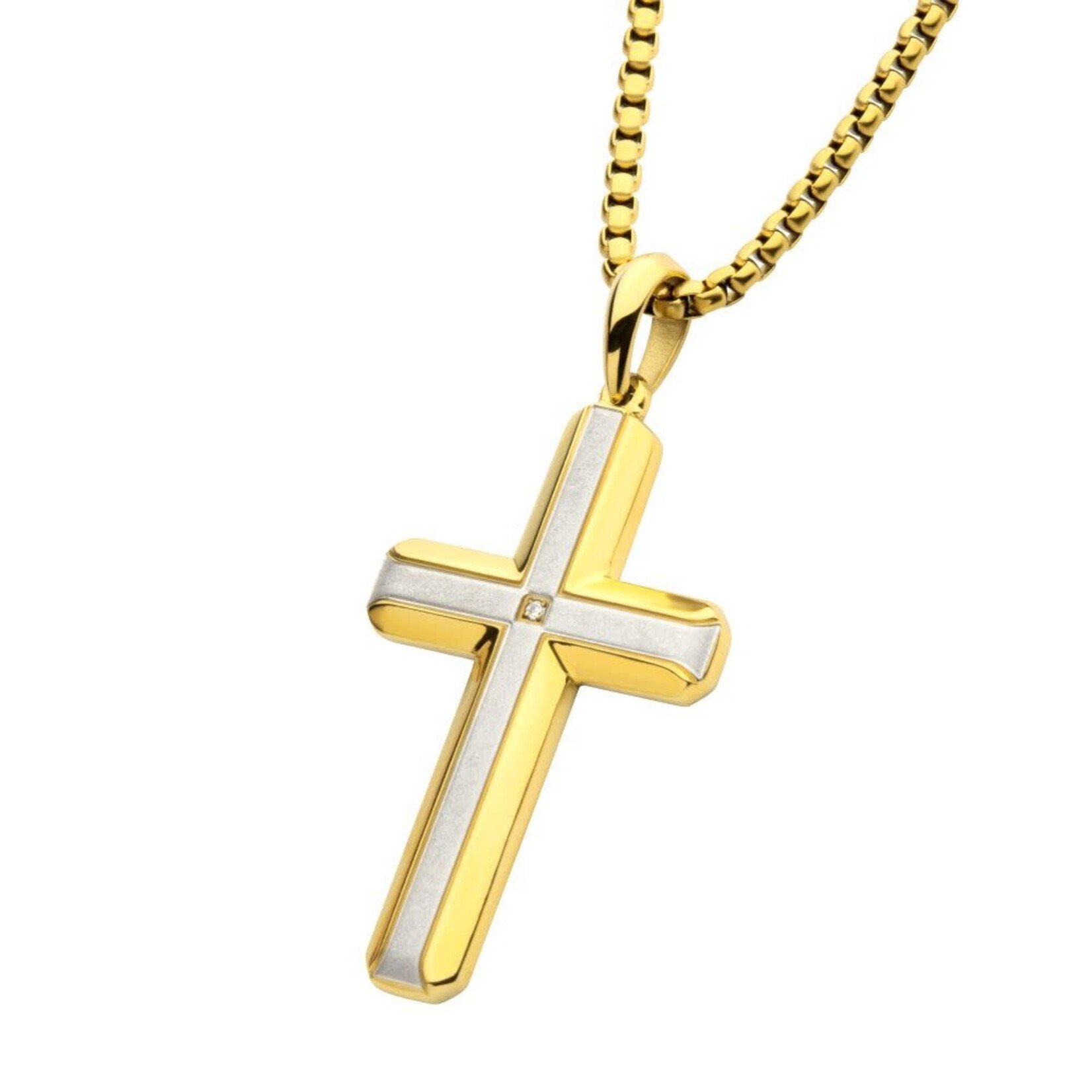 Inox 18Kt Gold IP Steel Lab-Grown Diamond Brushed Finish Cross Pendant 24"