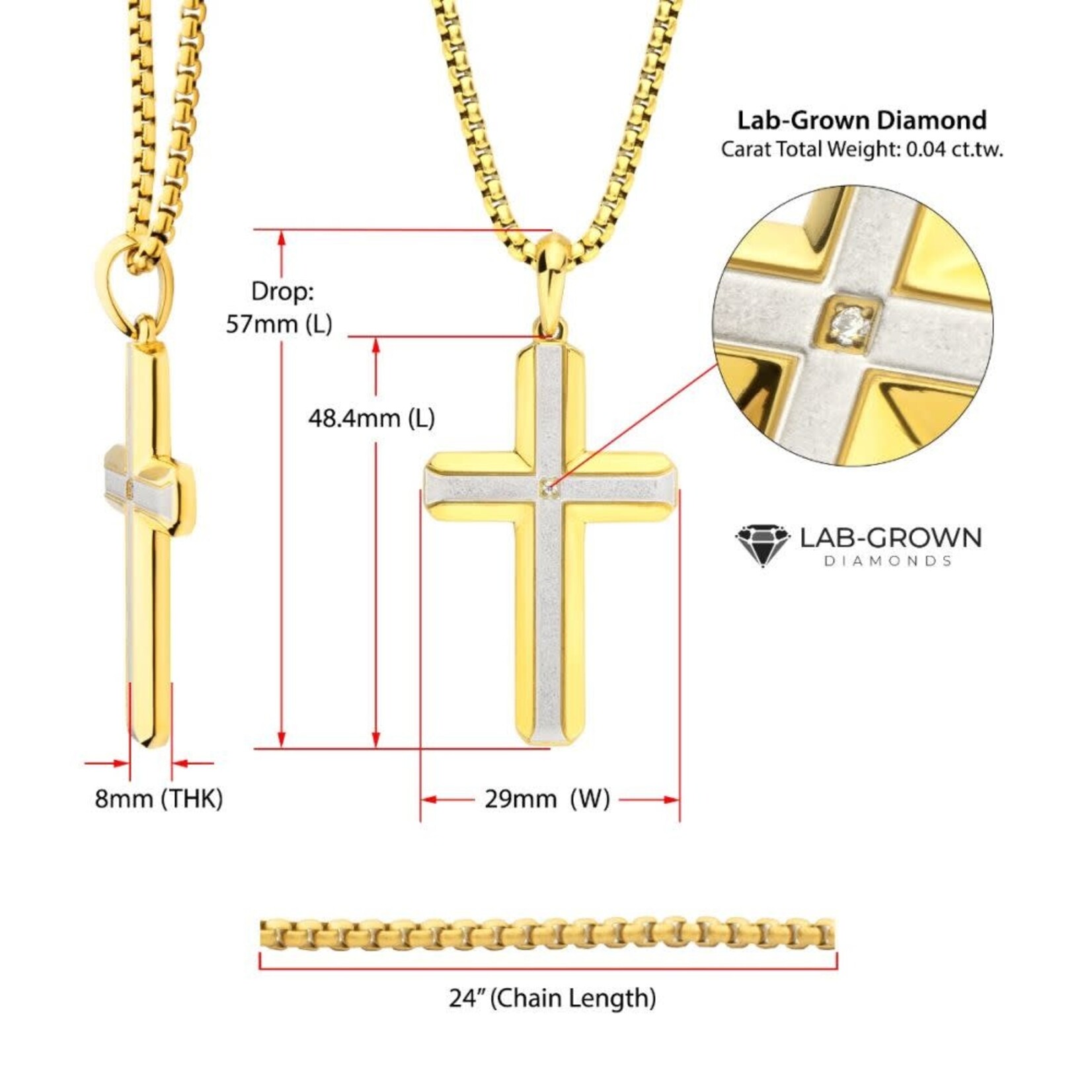 Inox 18Kt Gold IP Steel Lab-Grown Diamond Brushed Finish Cross Pendant 24"